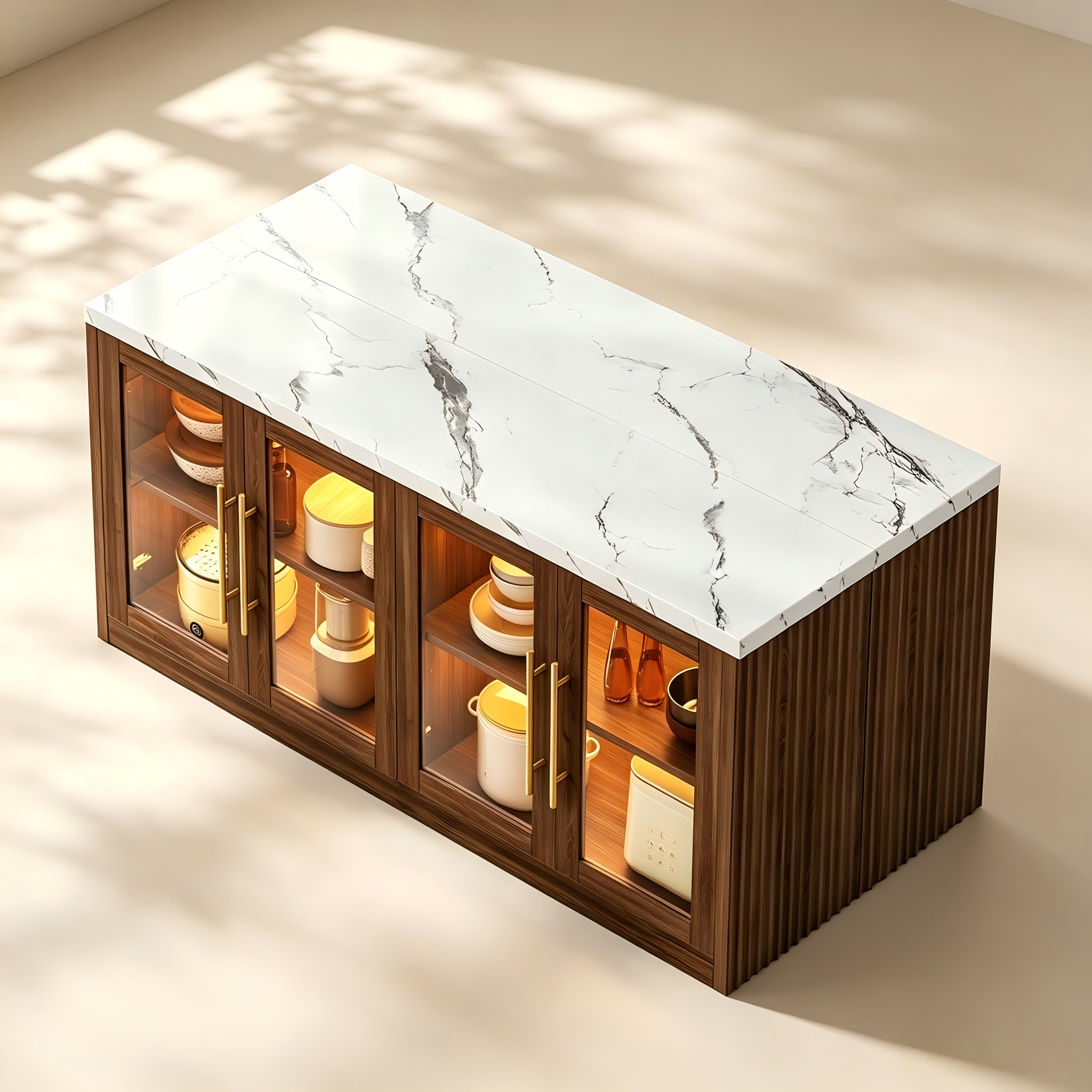 Glass-Door Kitchen Island with LED Lighting thumbnail view 2