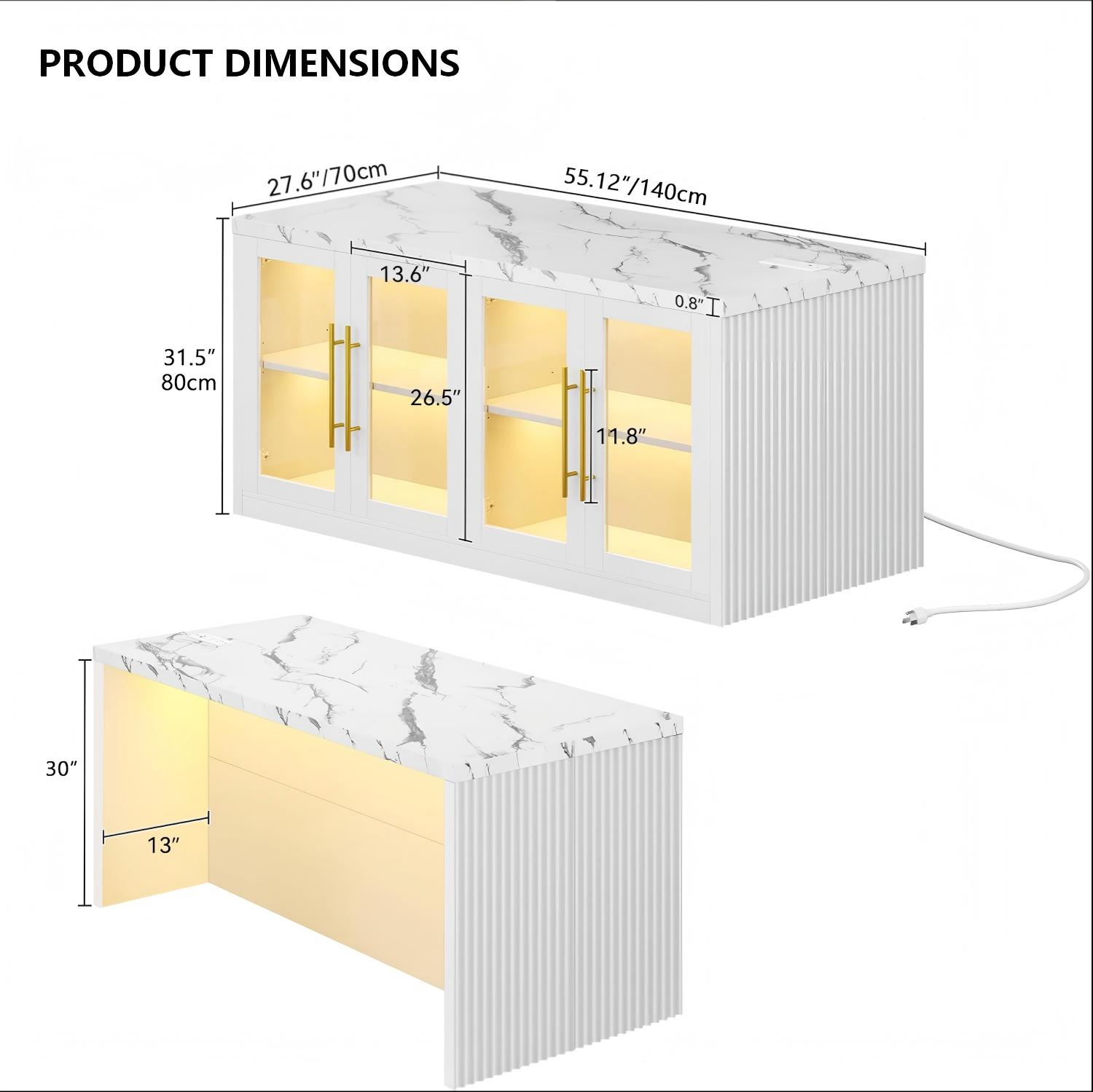 KT003 Glass-Door Kitchen Island with LED Lighting product dimensions