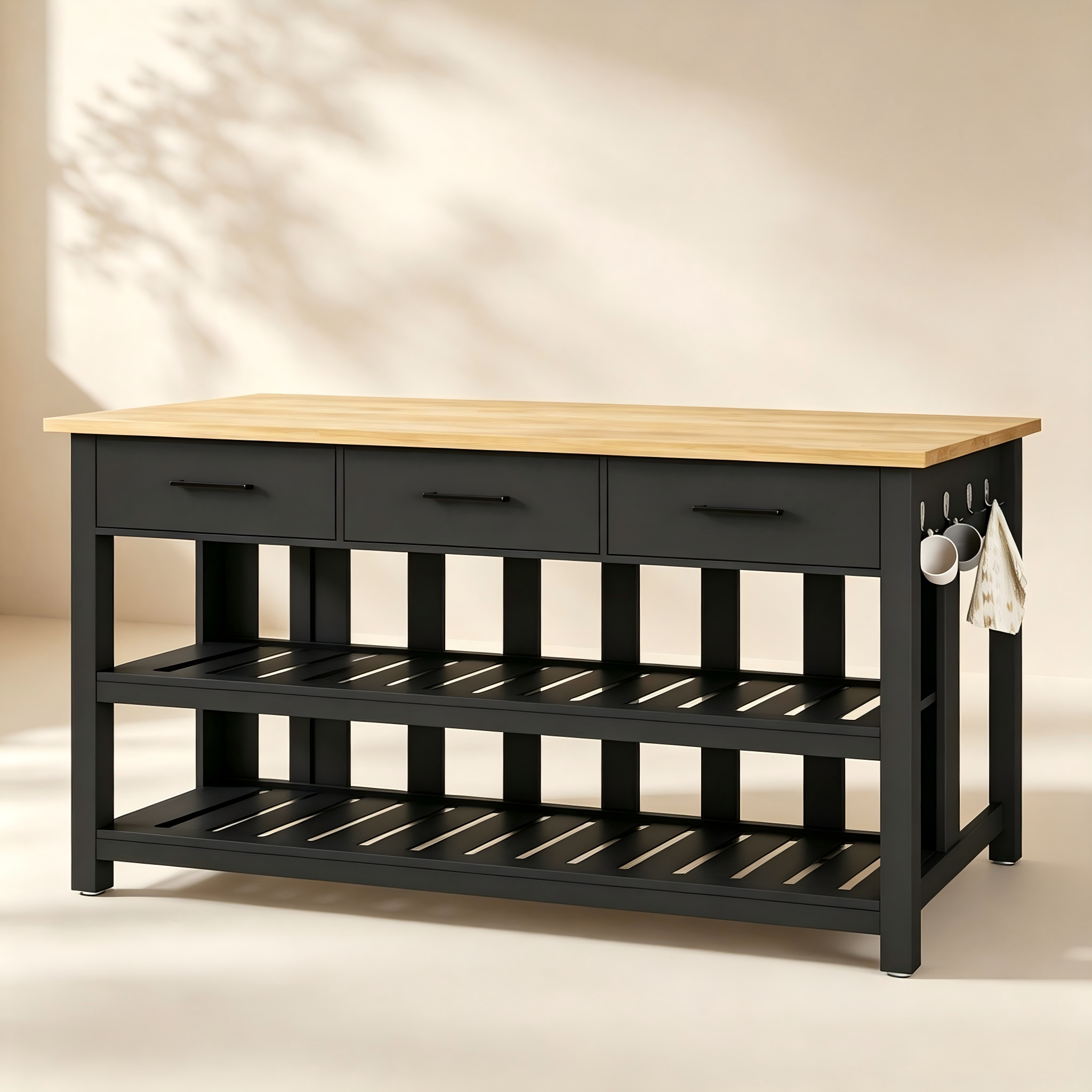 Three-Drawer Kitchen Island with Slatted Shelves thumbnail view 2