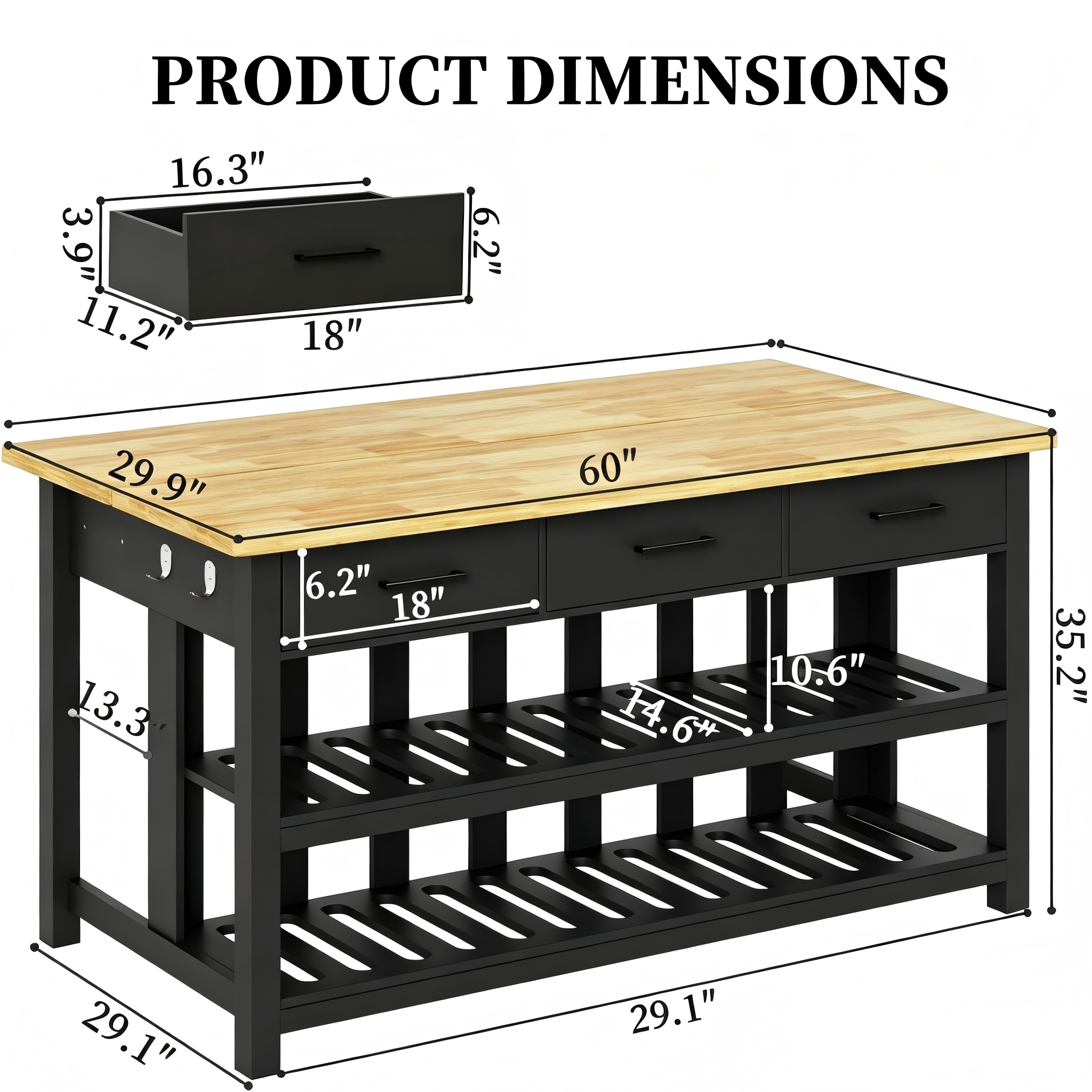 KT005 Three-Drawer Kitchen Island with Slatted Shelves product dimensions