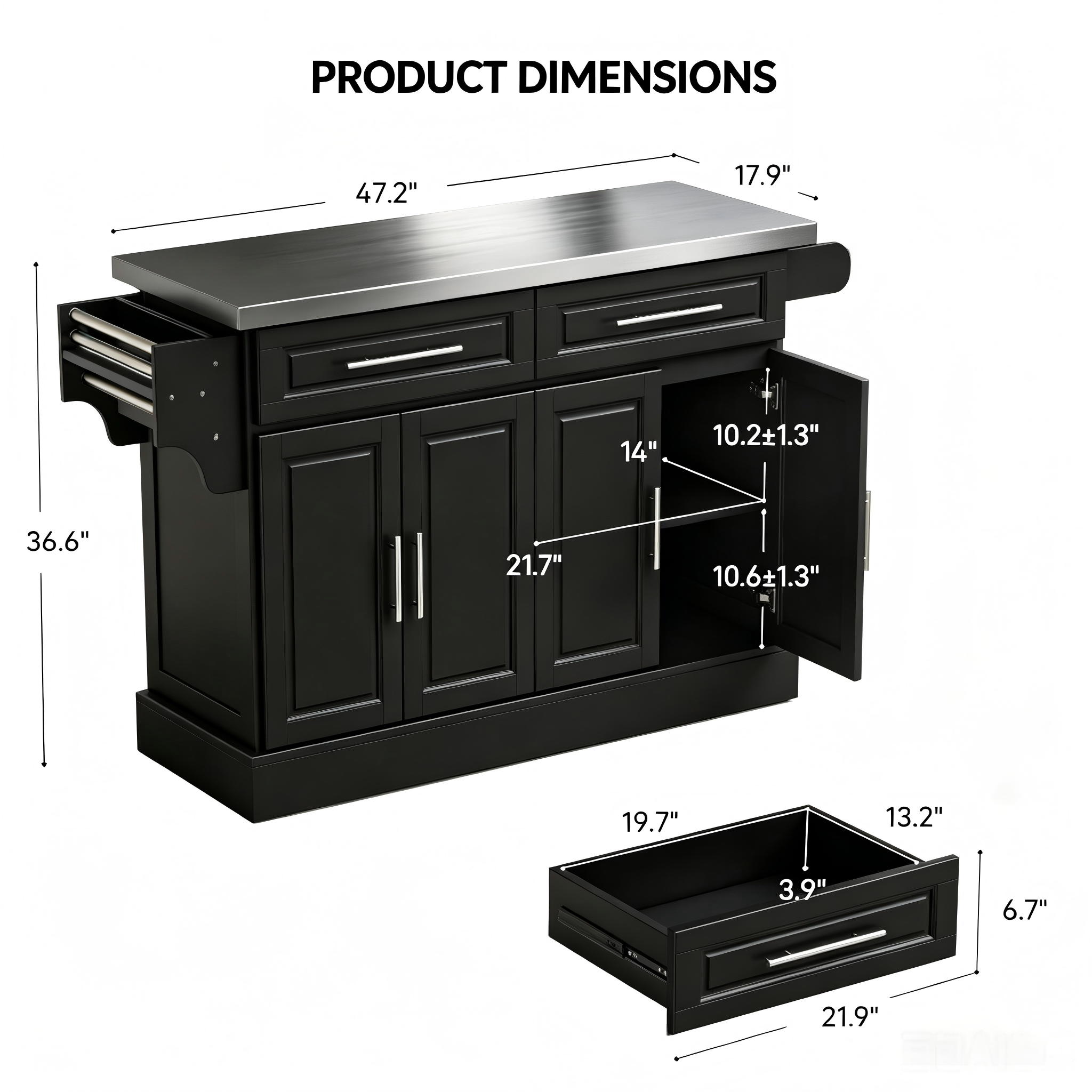KT007 Stainless-Steel-Top Kitchen Island product dimensions