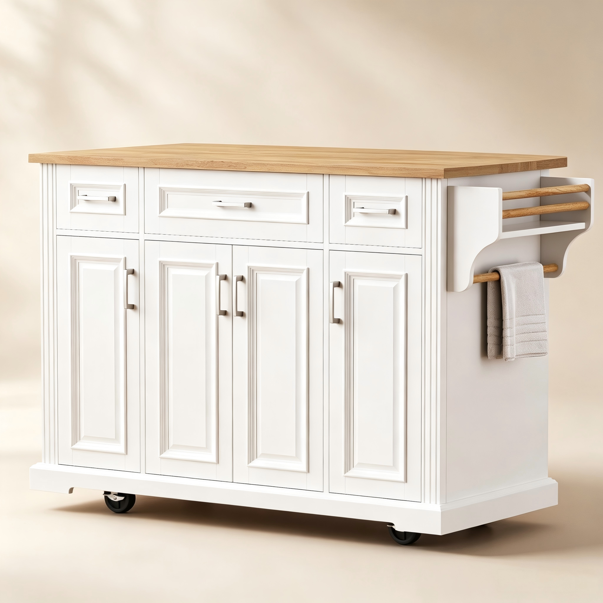 Drop-leaf rolling kitchen island with drawers and cabinet storage for custom kitchen furniture collections