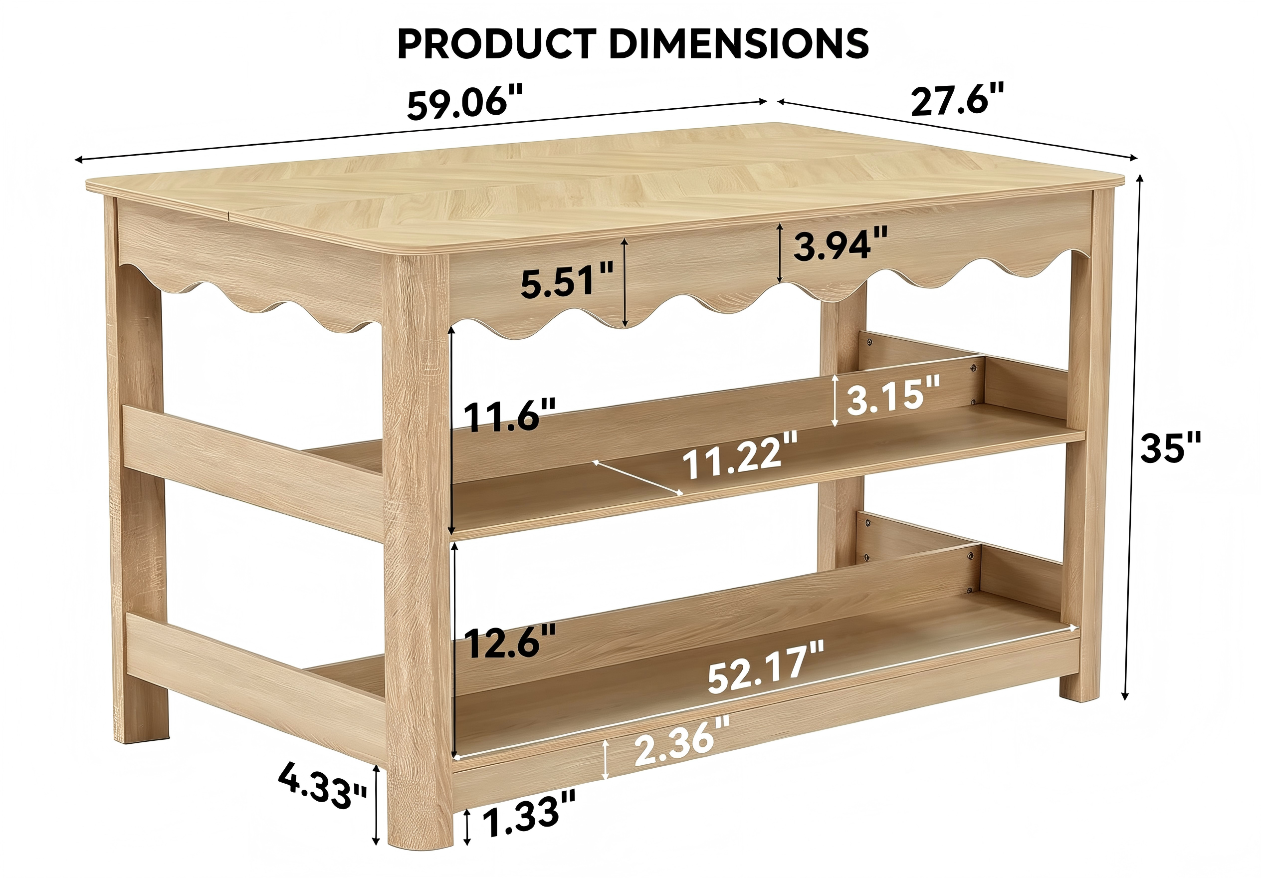 KT011 Scalloped Open-Shelf Kitchen Island product dimensions