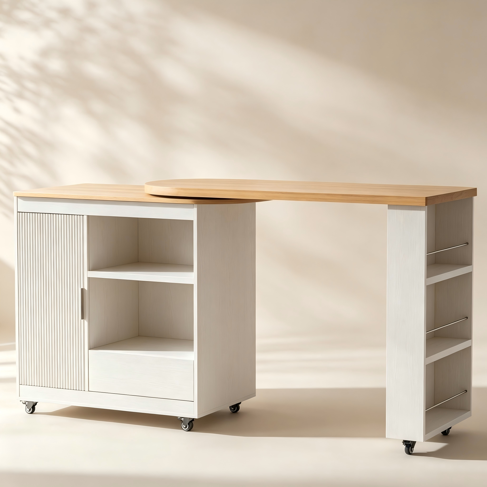 Rotating extendable kitchen island with storage for flexible kitchen and dining furniture collections