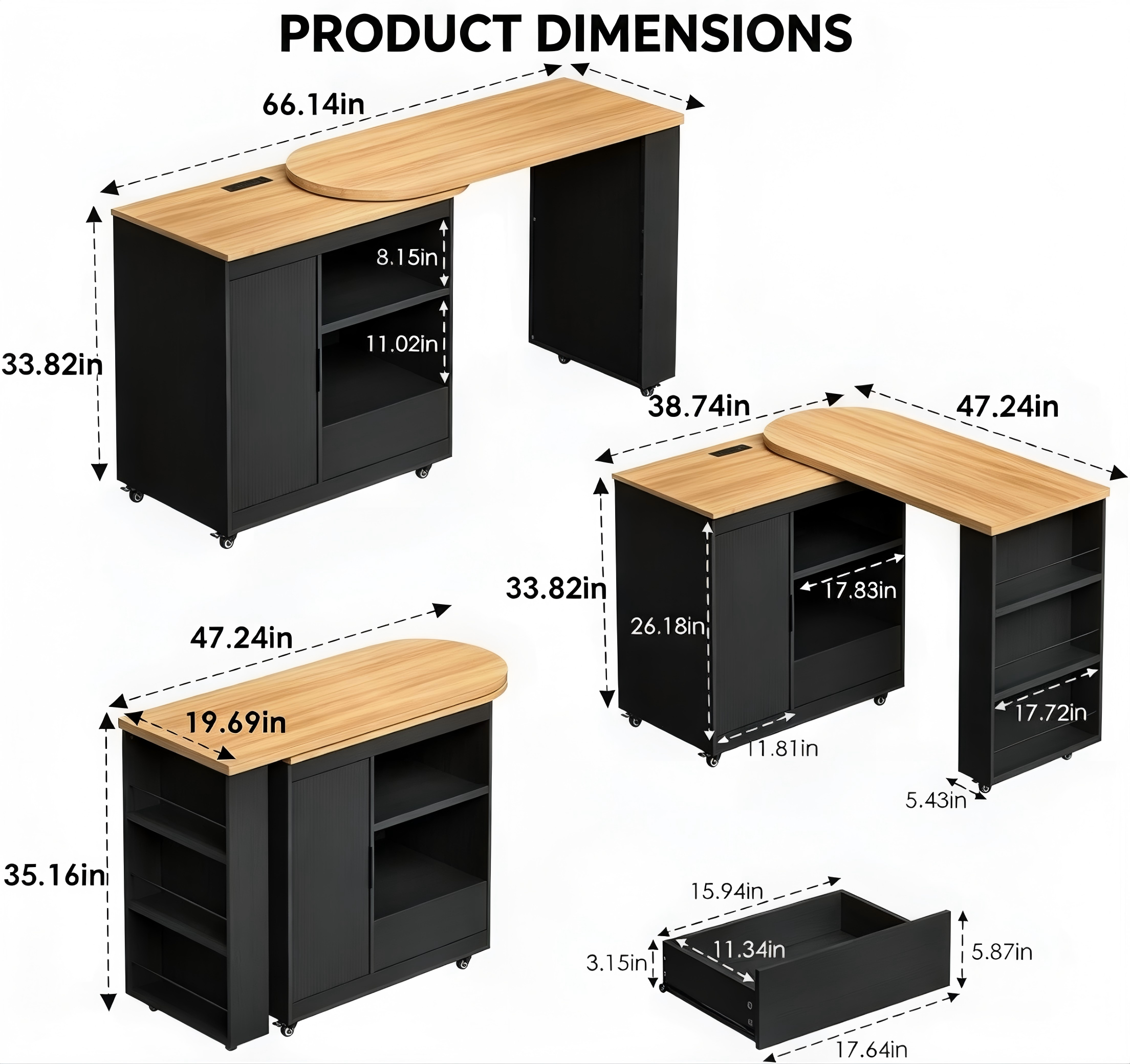 KT012 Rotating Extendable Kitchen Island with Storage product dimensions