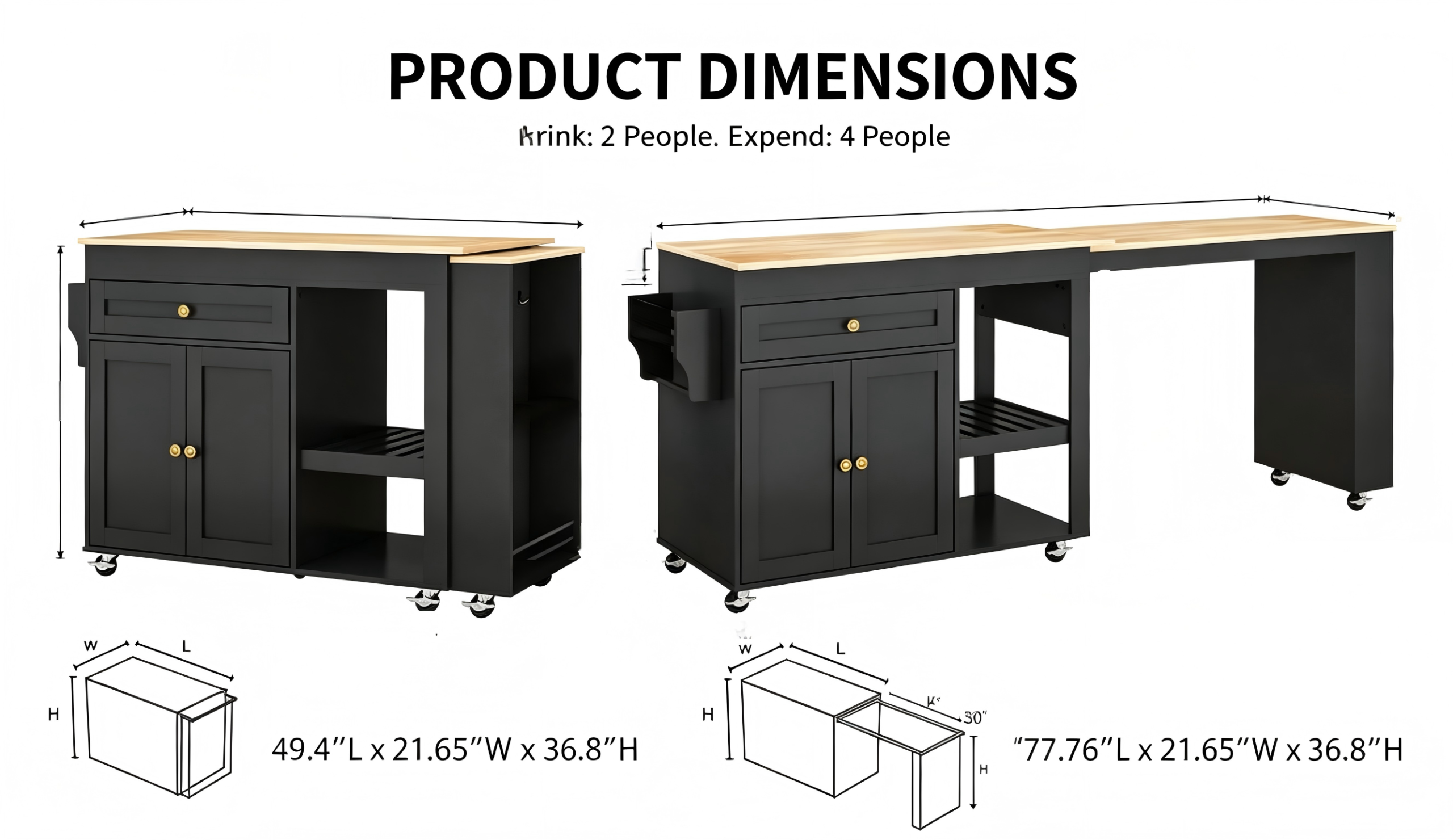 KT013 Extendable Kitchen Island with Dining Table product dimensions