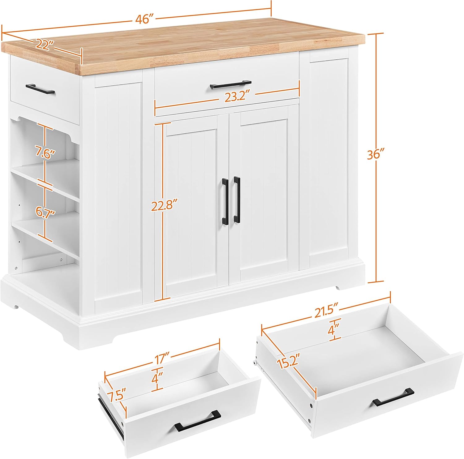 KT014 Kitchen Island with Drawers and Side Shelves product dimensions