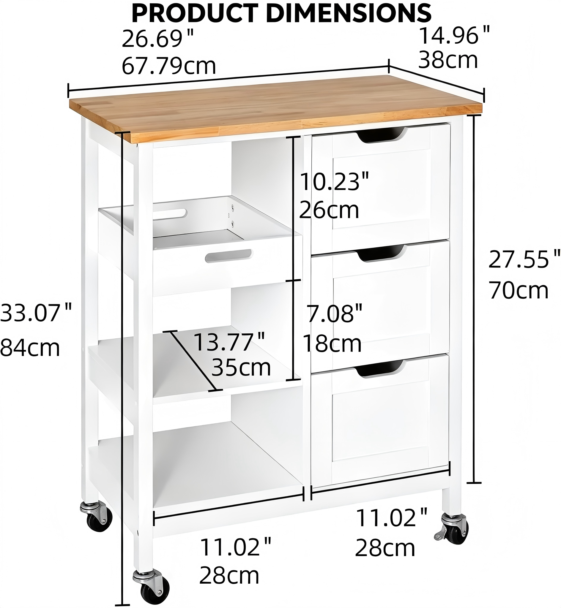 KT015 Rolling Kitchen Island with Drawers product dimensions