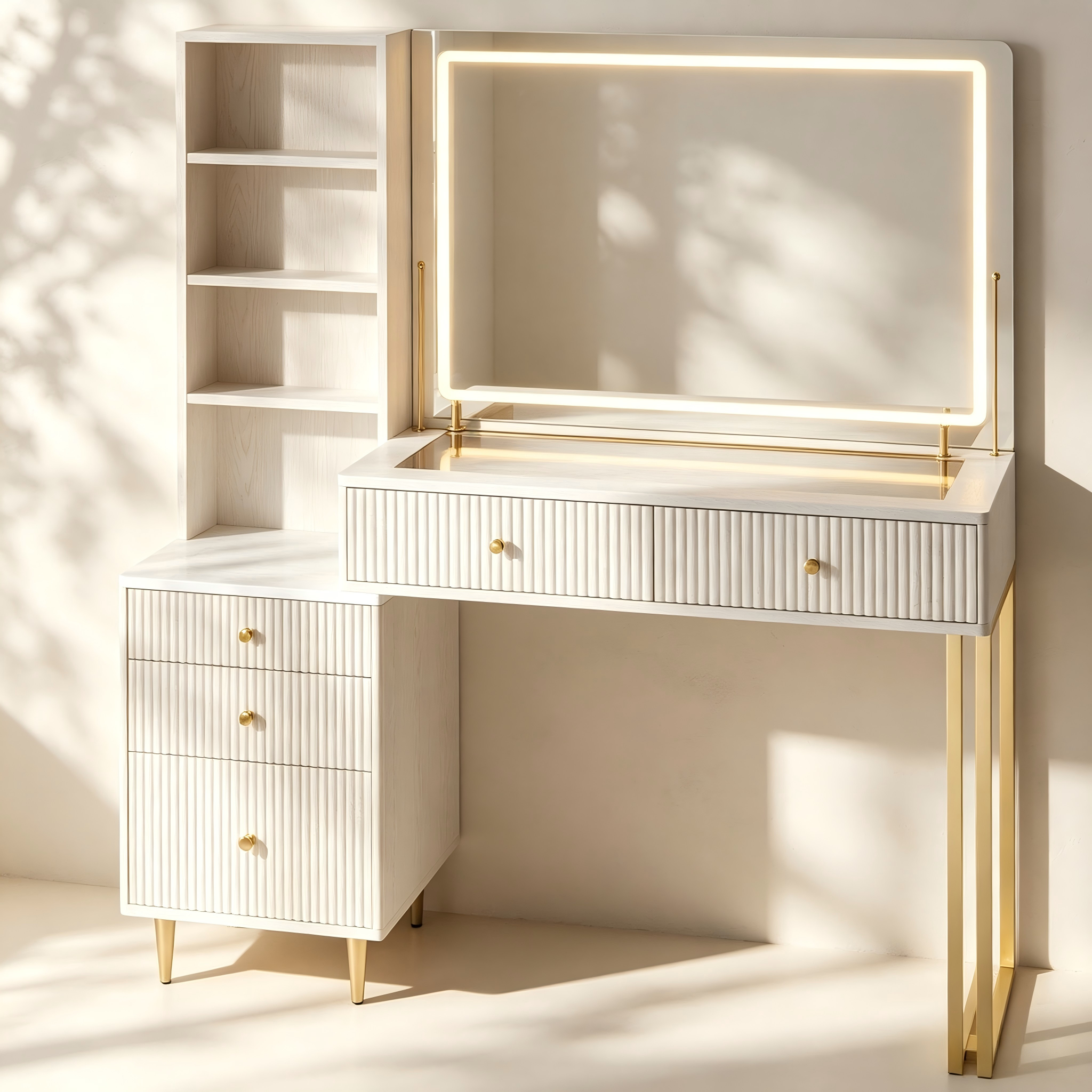 Modern Fluted Makeup Vanity with LED Mirror thumbnail view 1