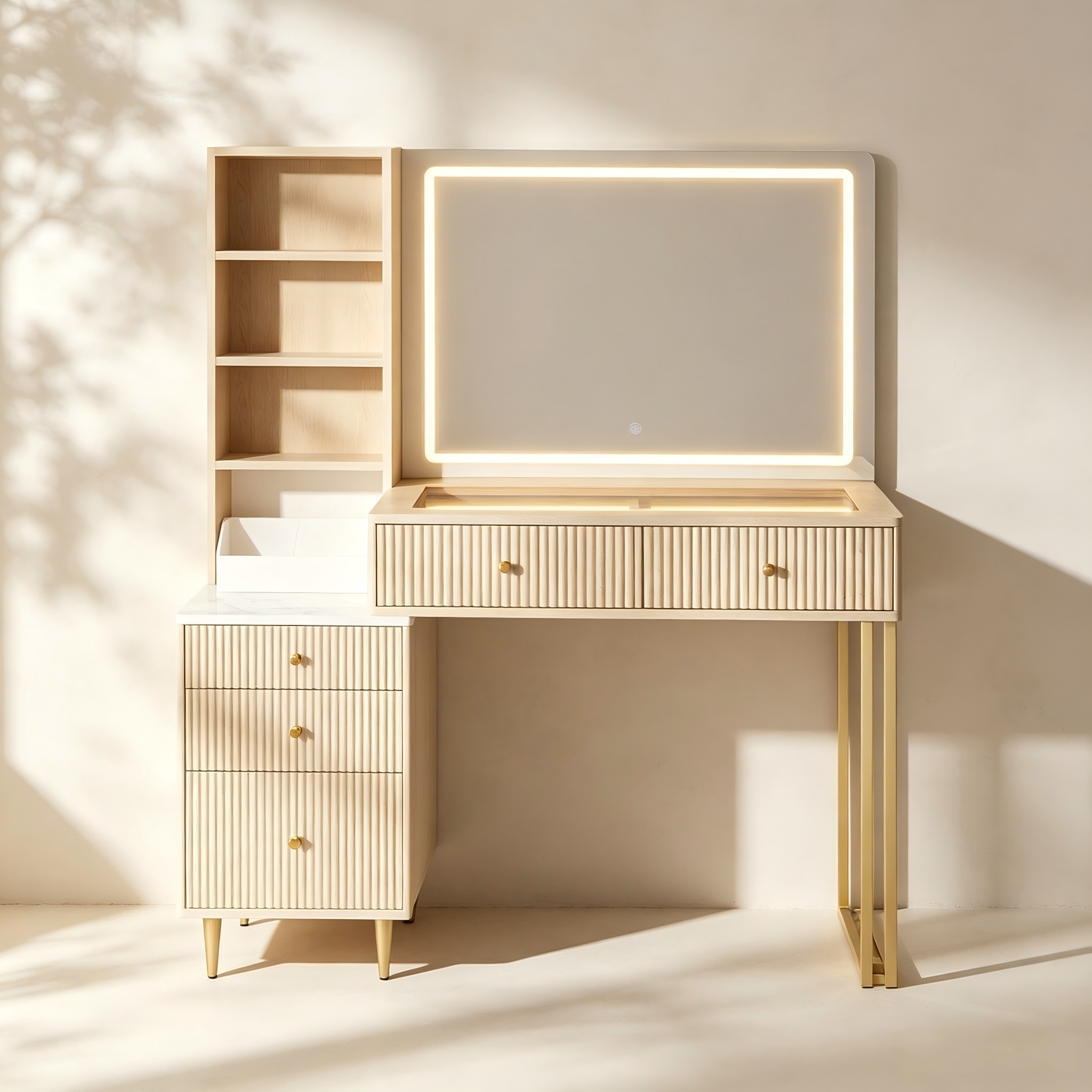 Modern fluted makeup vanity with adjustable LED mirror and built-in charging station