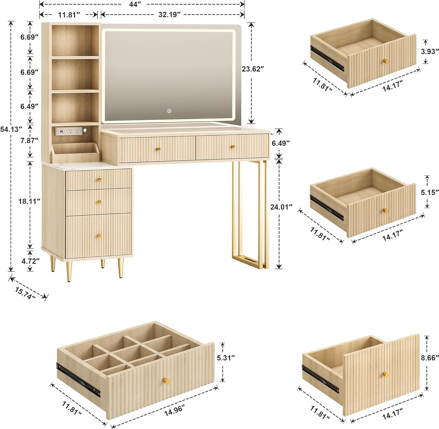 MV001 Modern Fluted Makeup Vanity with LED Mirror product dimensions
