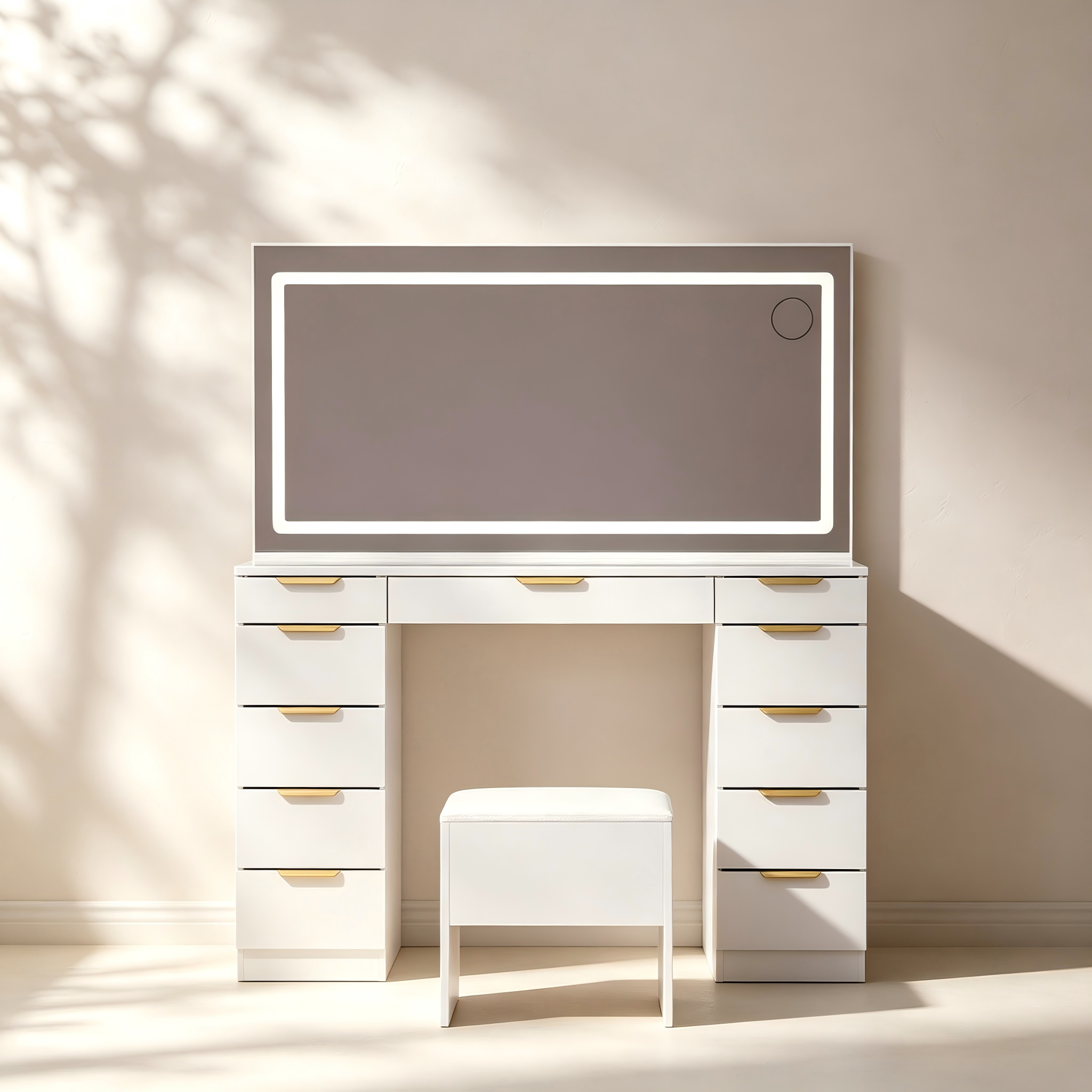 Makeup vanity with adjustable LED mirror, drawer storage and built-in power strip
