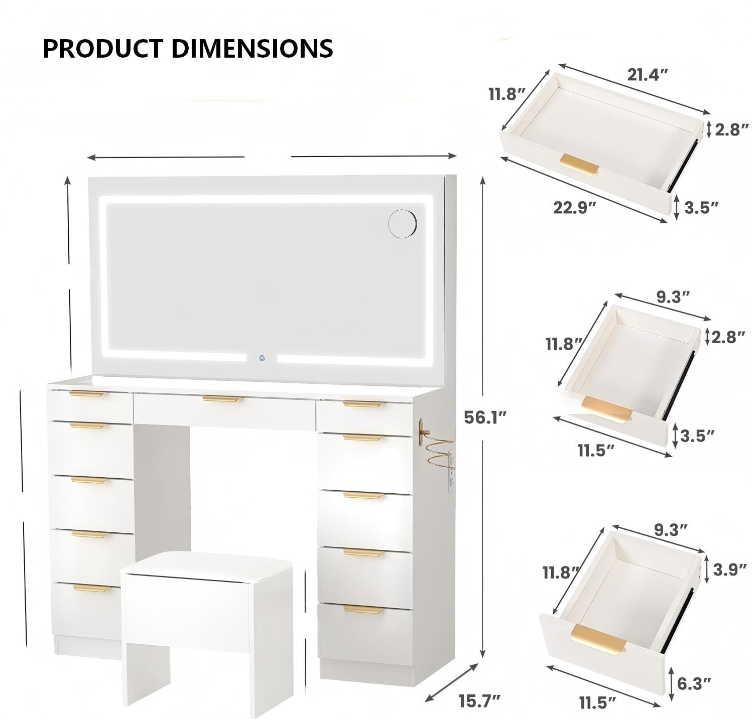 MV002 Makeup Vanity with LED Mirror and Drawer Storage product dimensions