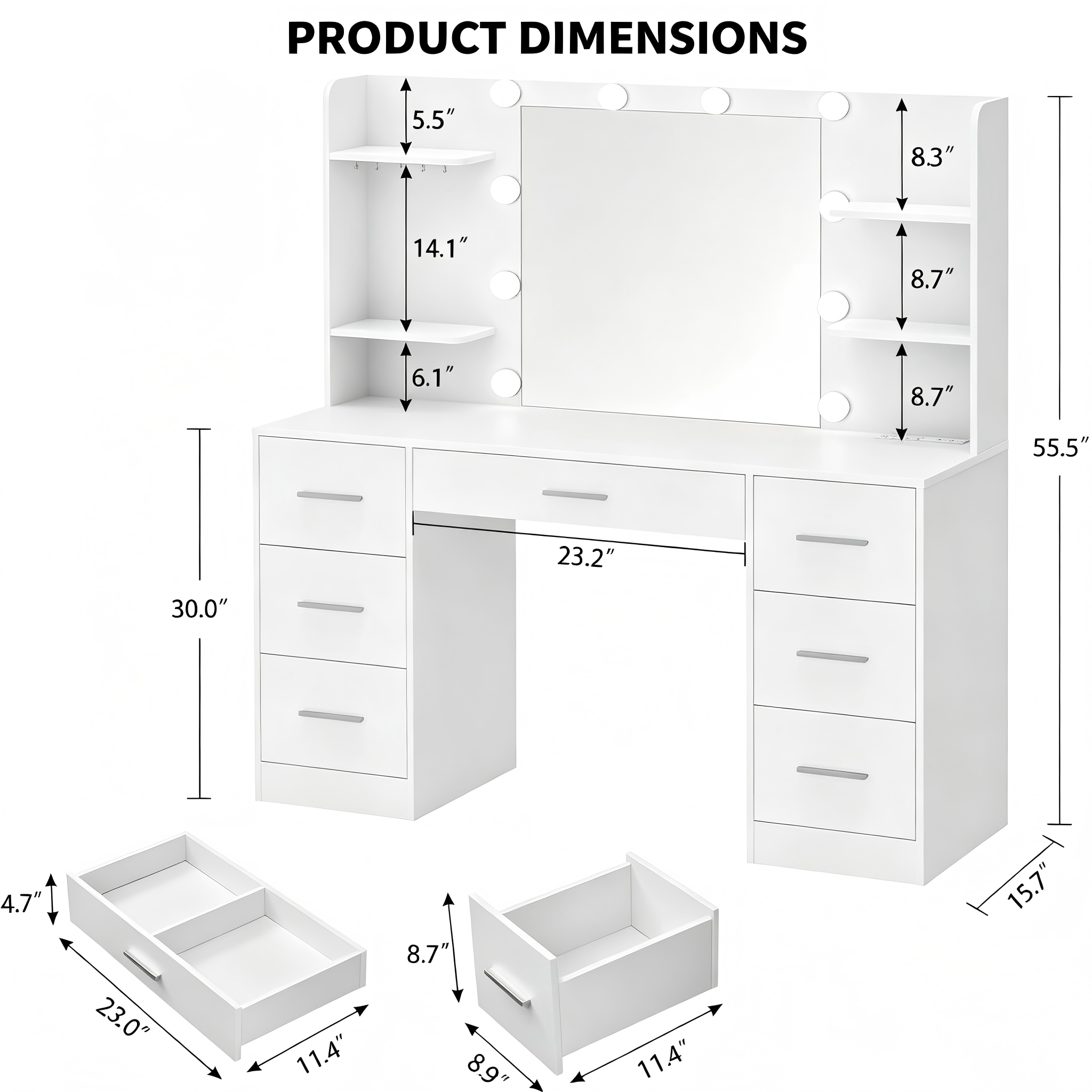 MV003 Hollywood Bulb Makeup Vanity with Shelves product dimensions