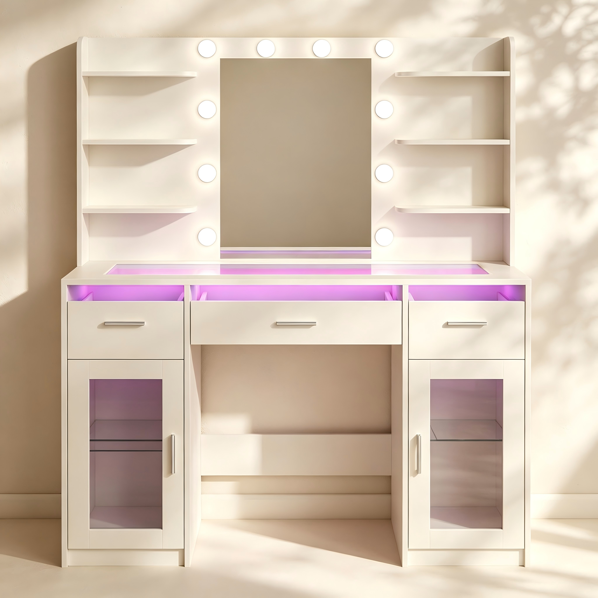 Hollywood bulb makeup vanity with cabinets, shelves and built-in power strip