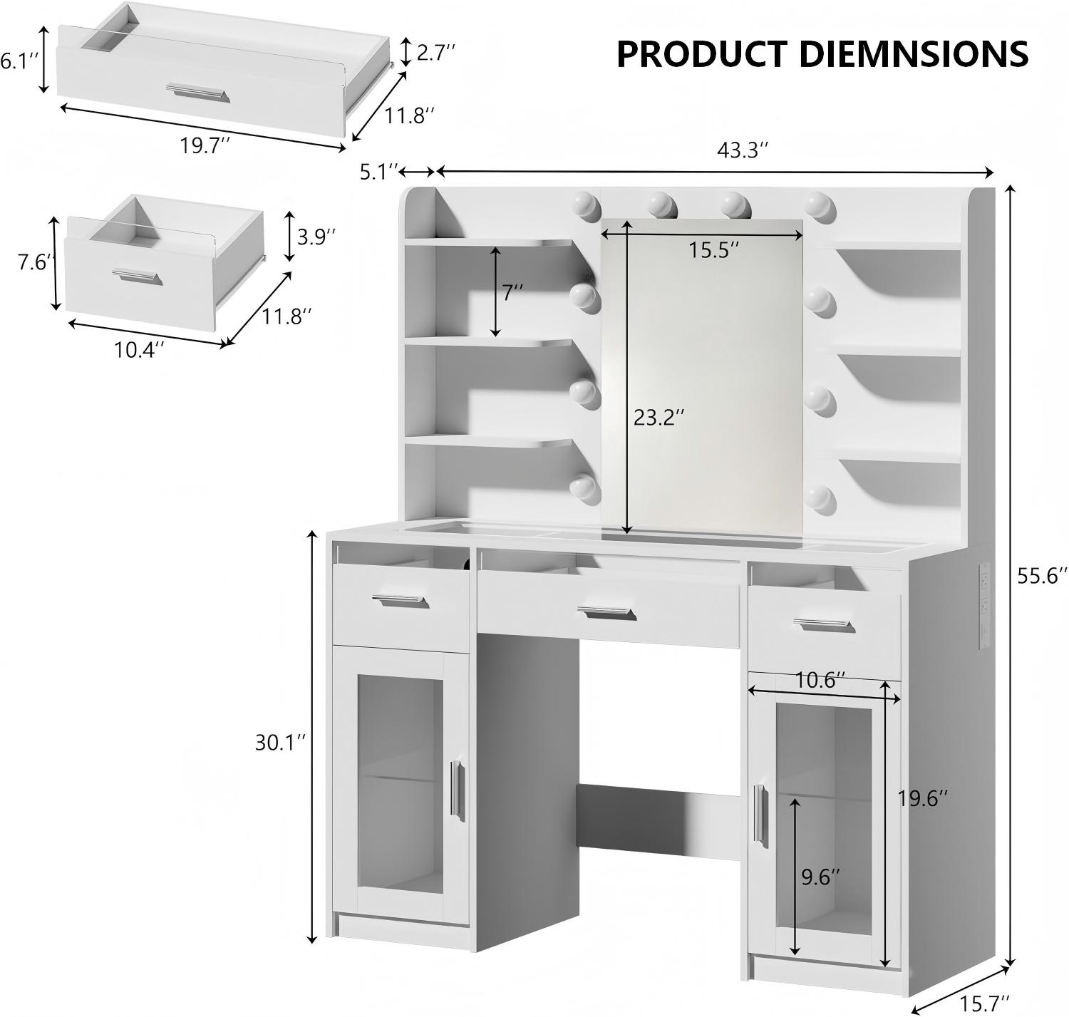MV004 Hollywood Bulb Makeup Vanity with Storage product dimensions