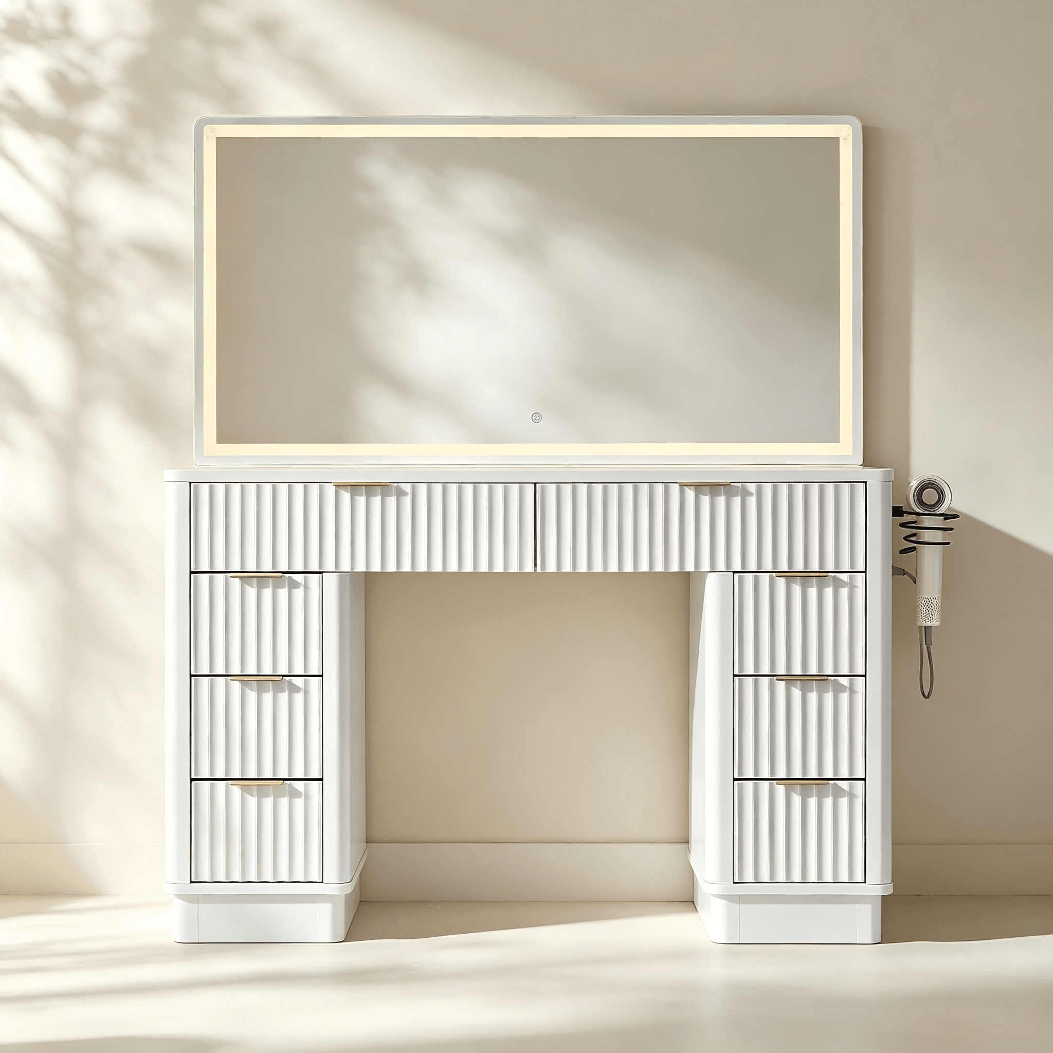 Fluted makeup vanity with adjustable LED mirror, drawers and charging station
