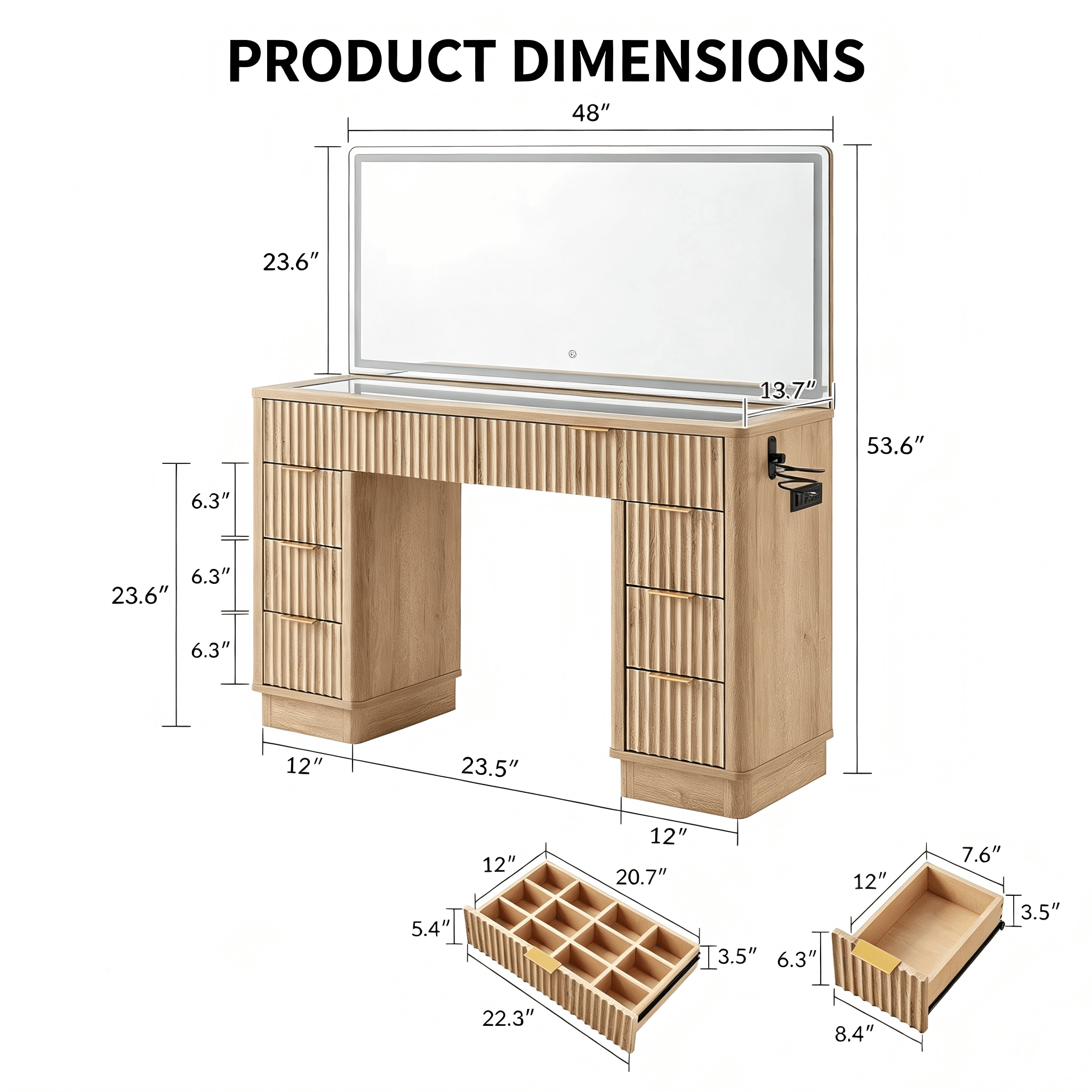 MV005 Fluted Makeup Vanity with LED Mirror product dimensions
