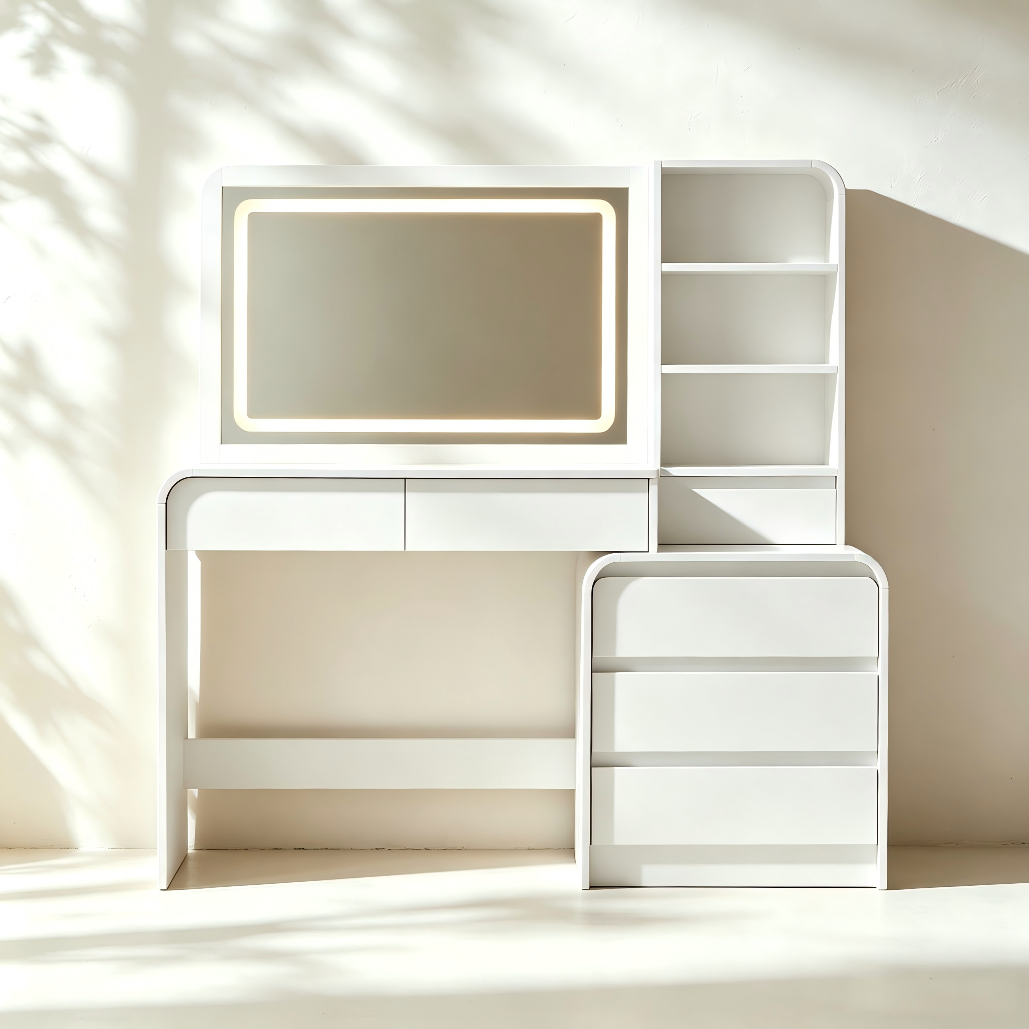 Compact makeup vanity with adjustable LED mirror, side storage and built-in outlets