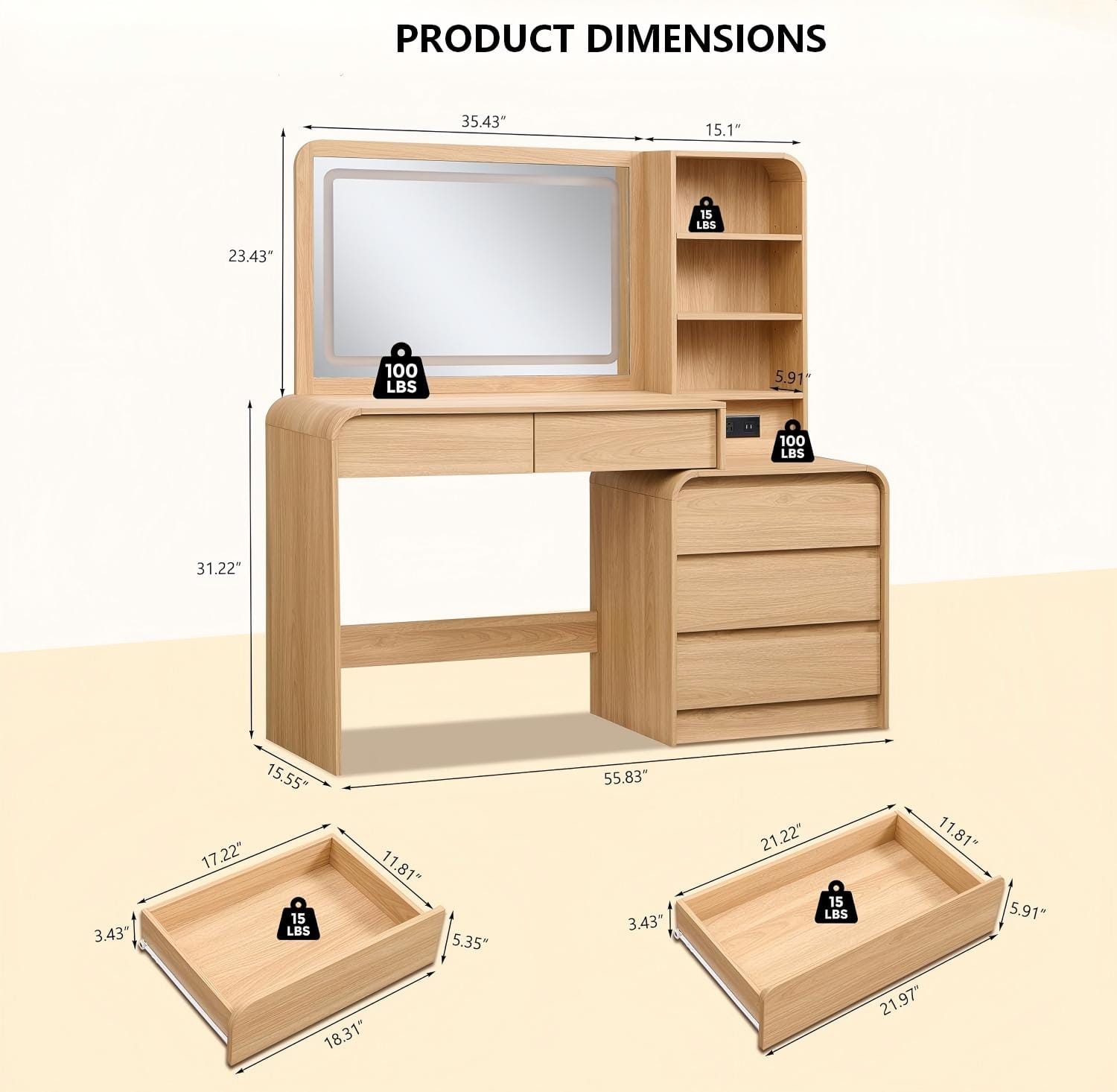 MV006 Compact Makeup Vanity with LED Mirror and Storage product dimensions