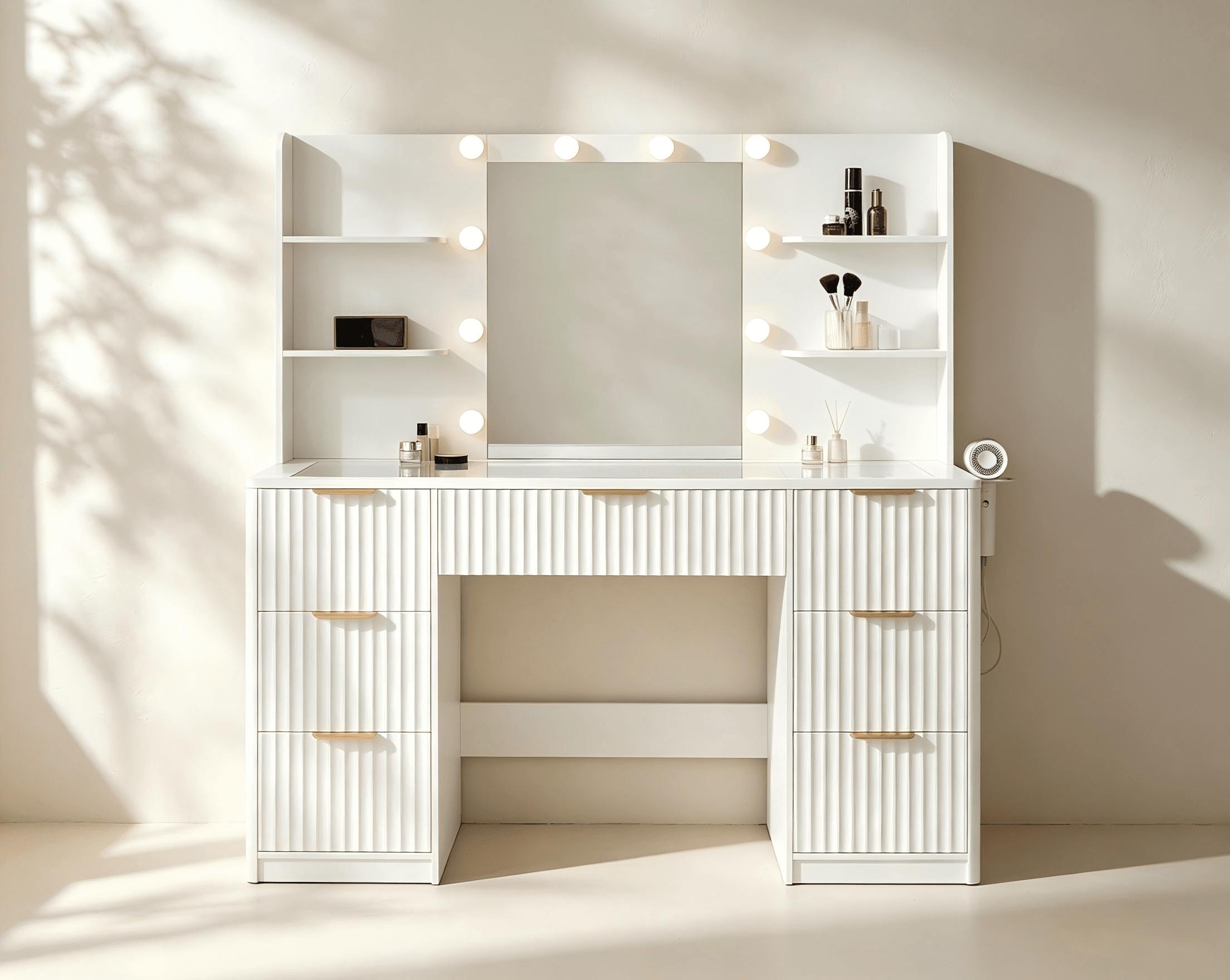 Fluted Hollywood bulb makeup vanity with shelves, drawers and charging station