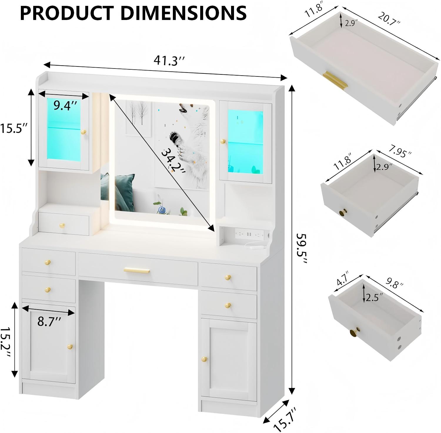 MV008 Makeup Vanity with LED Mirror and Ambient Lighting product dimensions