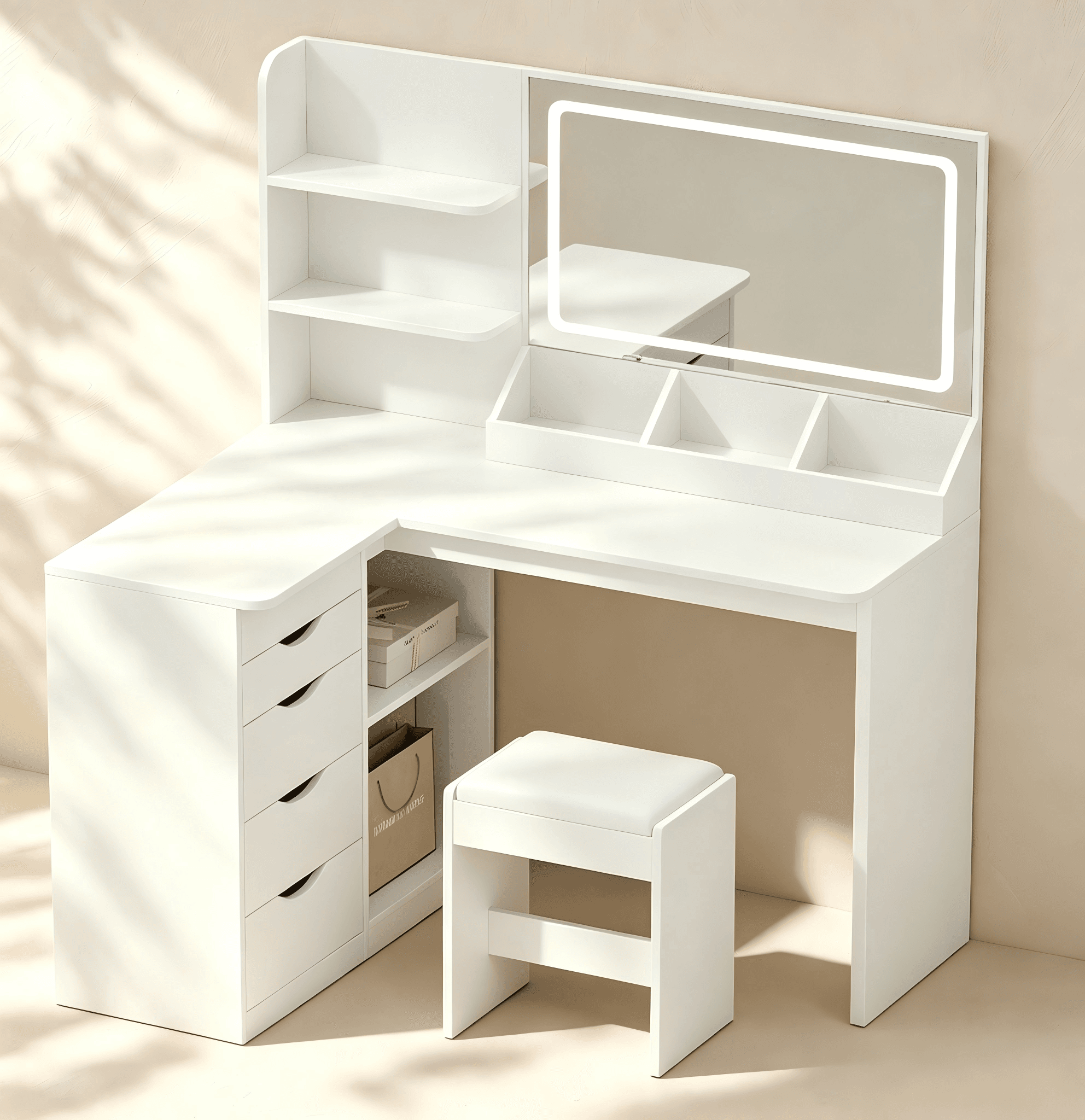 Corner makeup vanity with adjustable LED mirror, drawers, stool and charging station