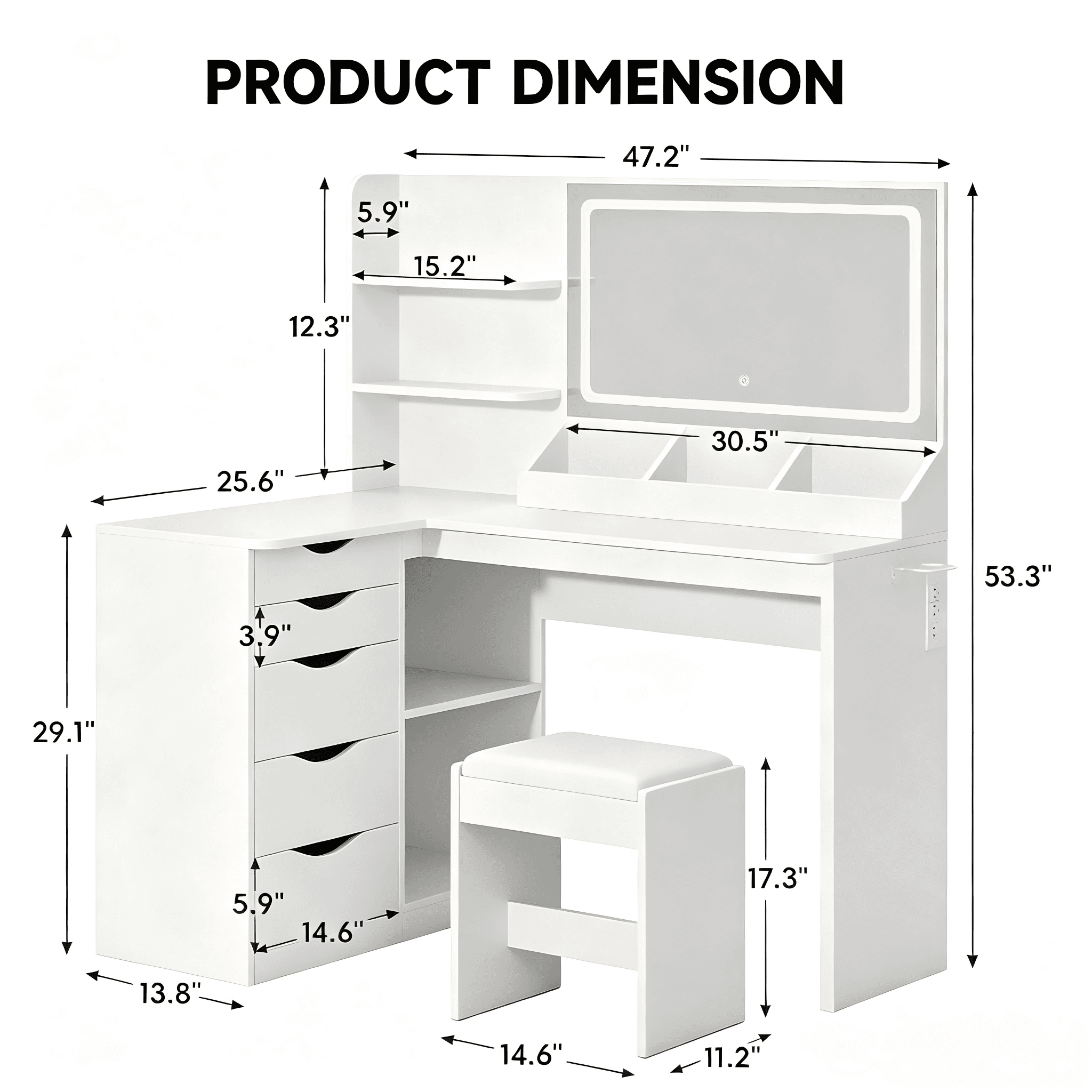 MV009 Corner Makeup Vanity with LED Mirror product dimensions