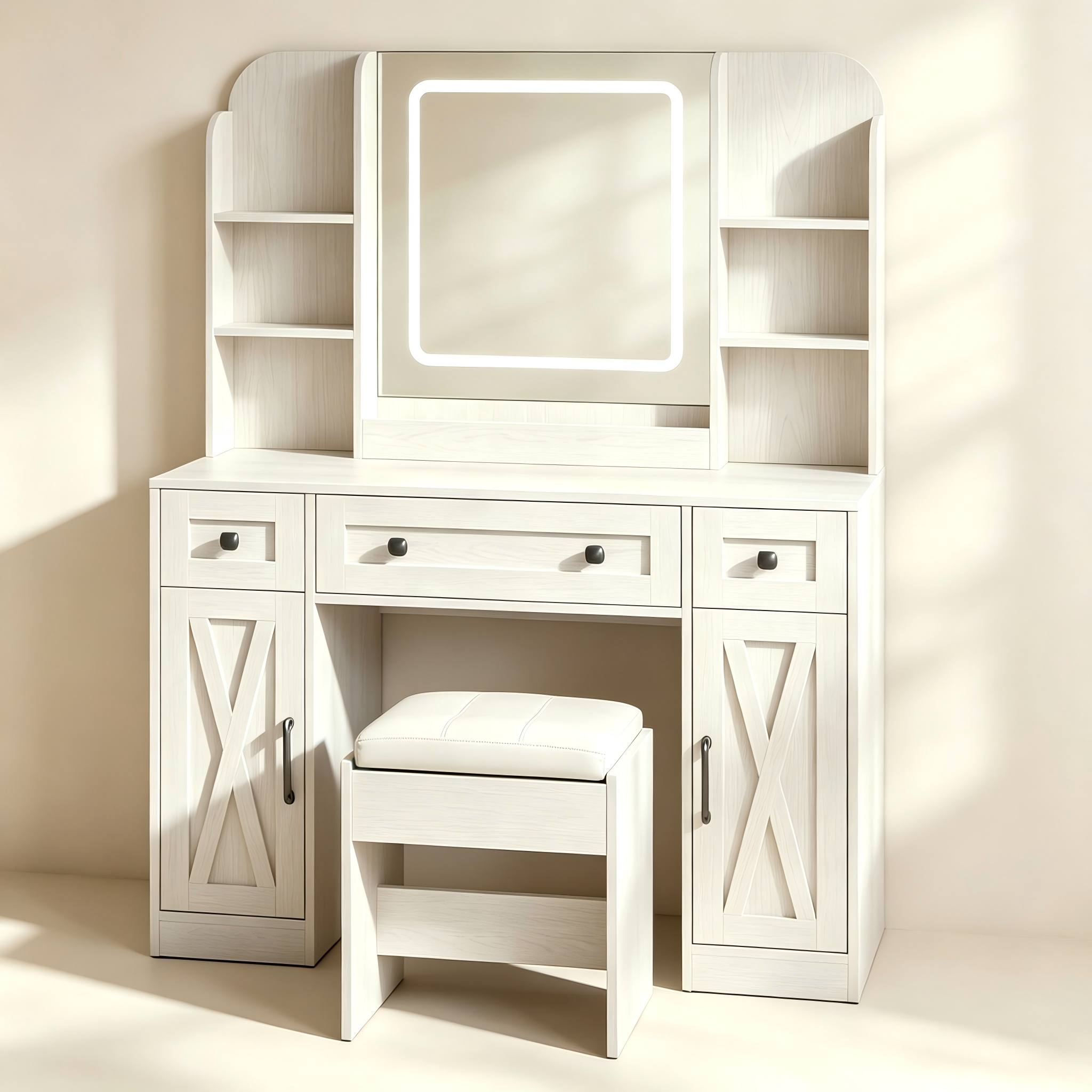 Farmhouse makeup vanity with adjustable LED mirror, cabinet storage and power strip