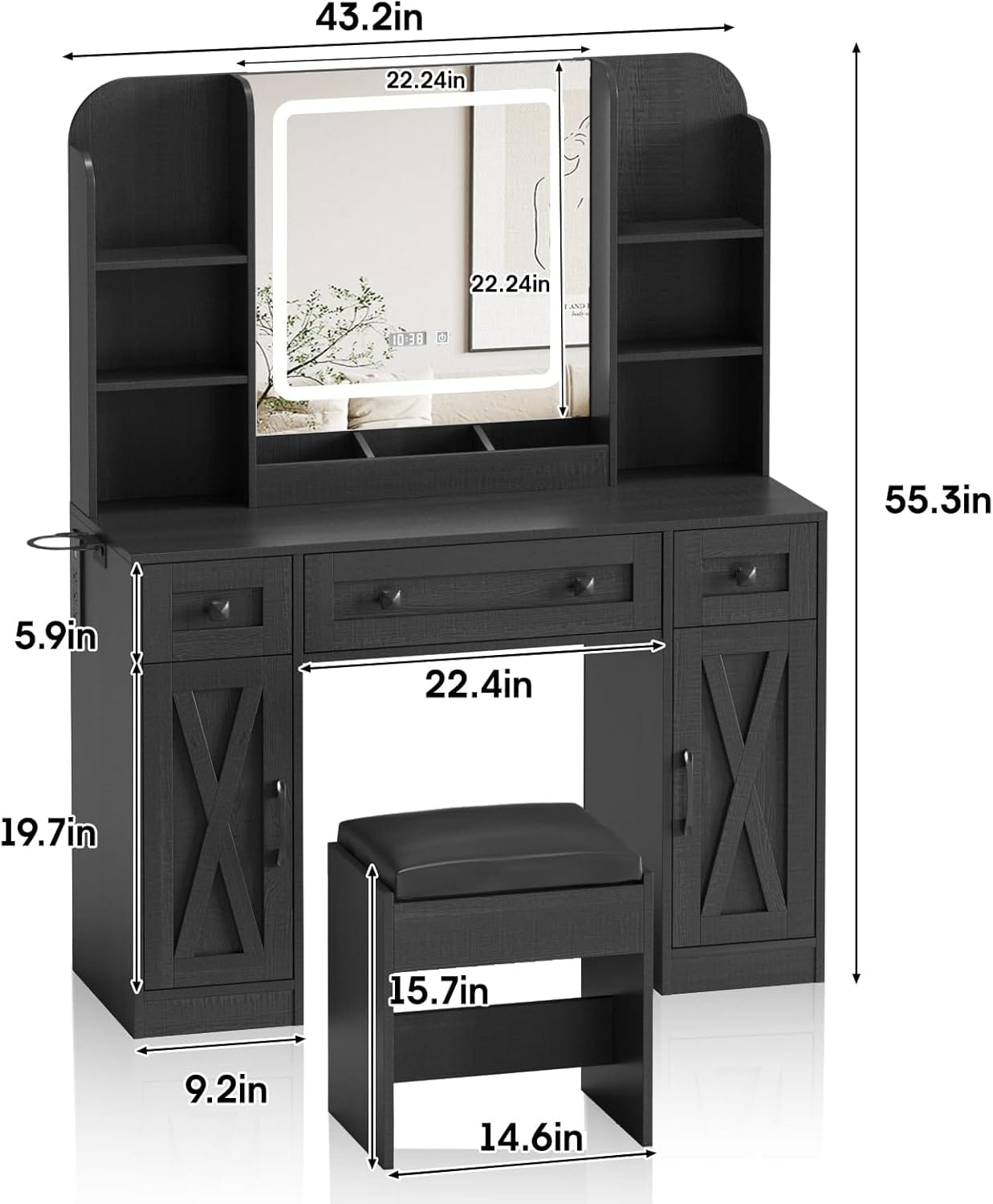 MV010 Farmhouse Makeup Vanity with LED Mirror product dimensions