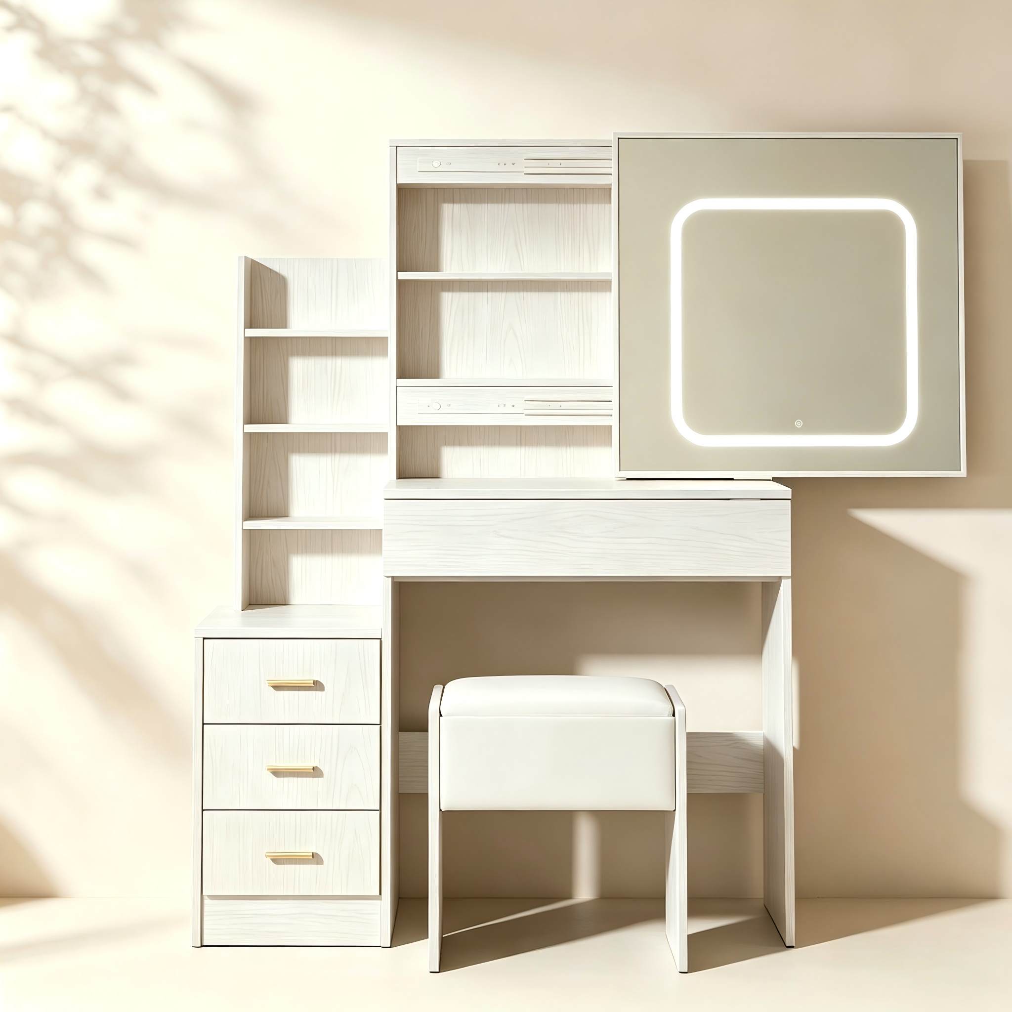 Space-saving makeup vanity with adjustable LED mirror, shelving and built-in outlets