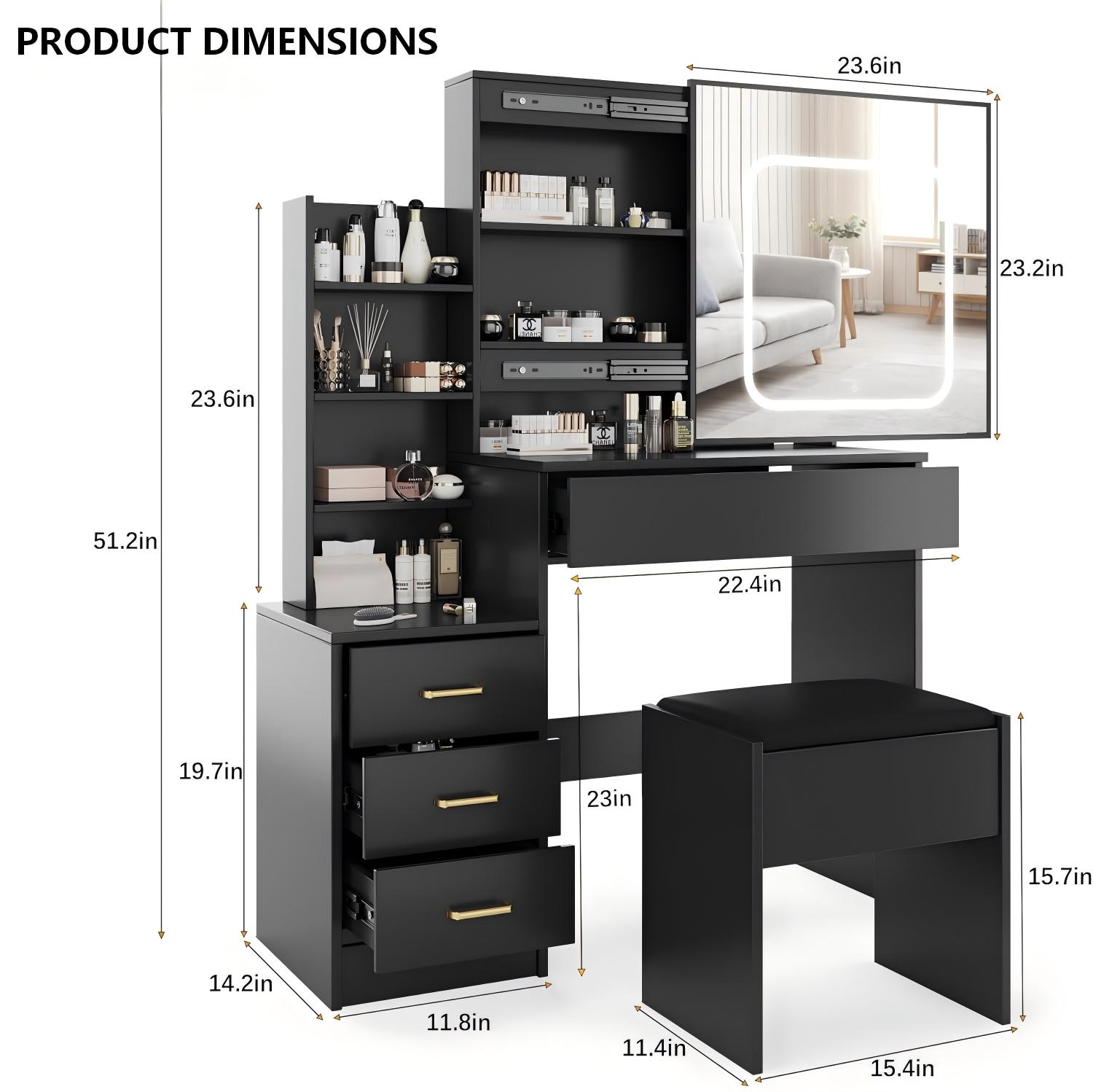 MV011 Space-Saving Makeup Vanity with LED Mirror product dimensions