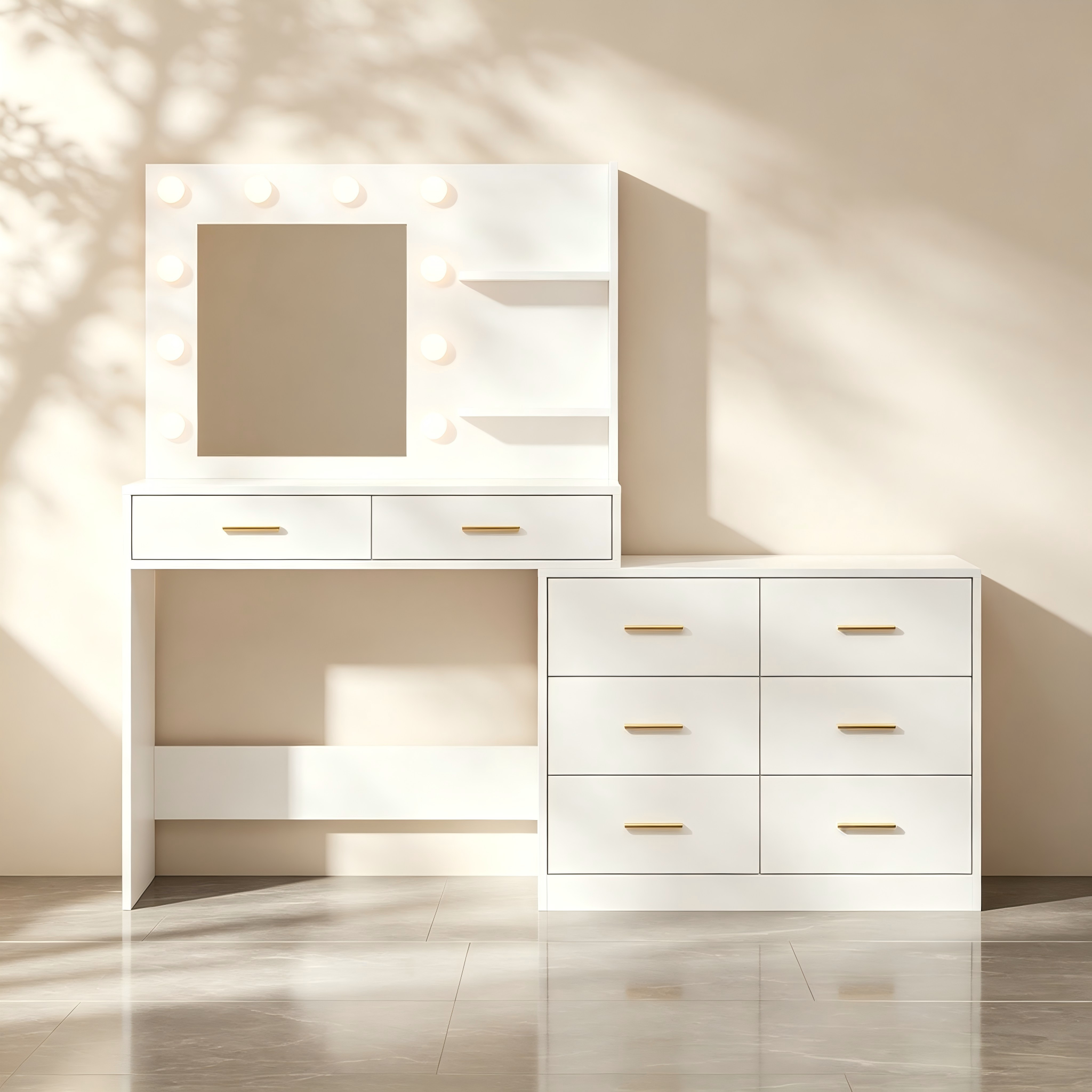 L-shaped Hollywood bulb makeup vanity with drawers, shelving and built-in charging station