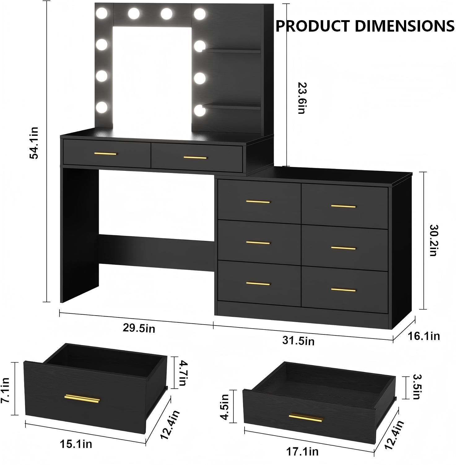 MV012 L-Shaped Hollywood Bulb Makeup Vanity product dimensions