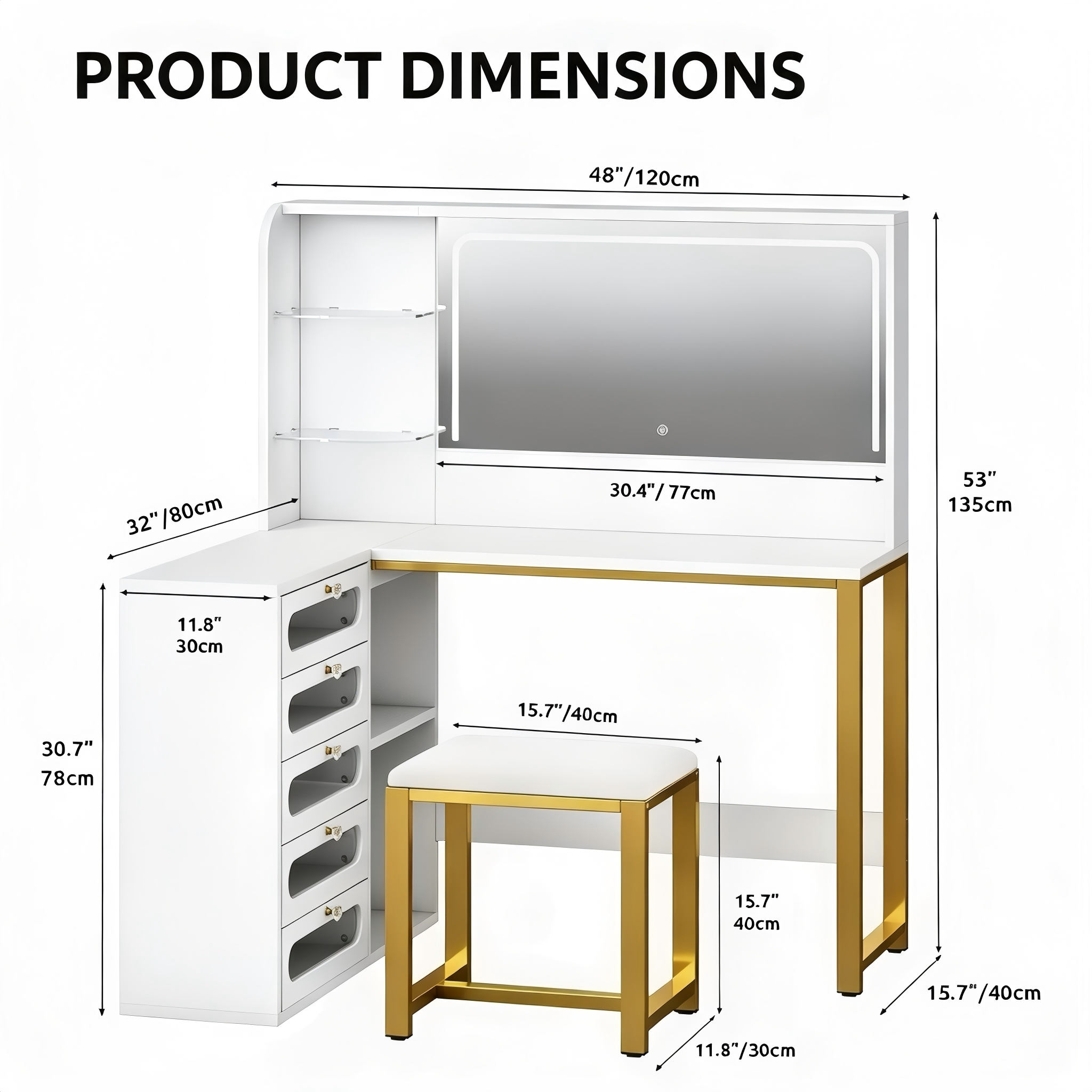 MV013 Modern Makeup Vanity with LED Mirror and Storage product dimensions