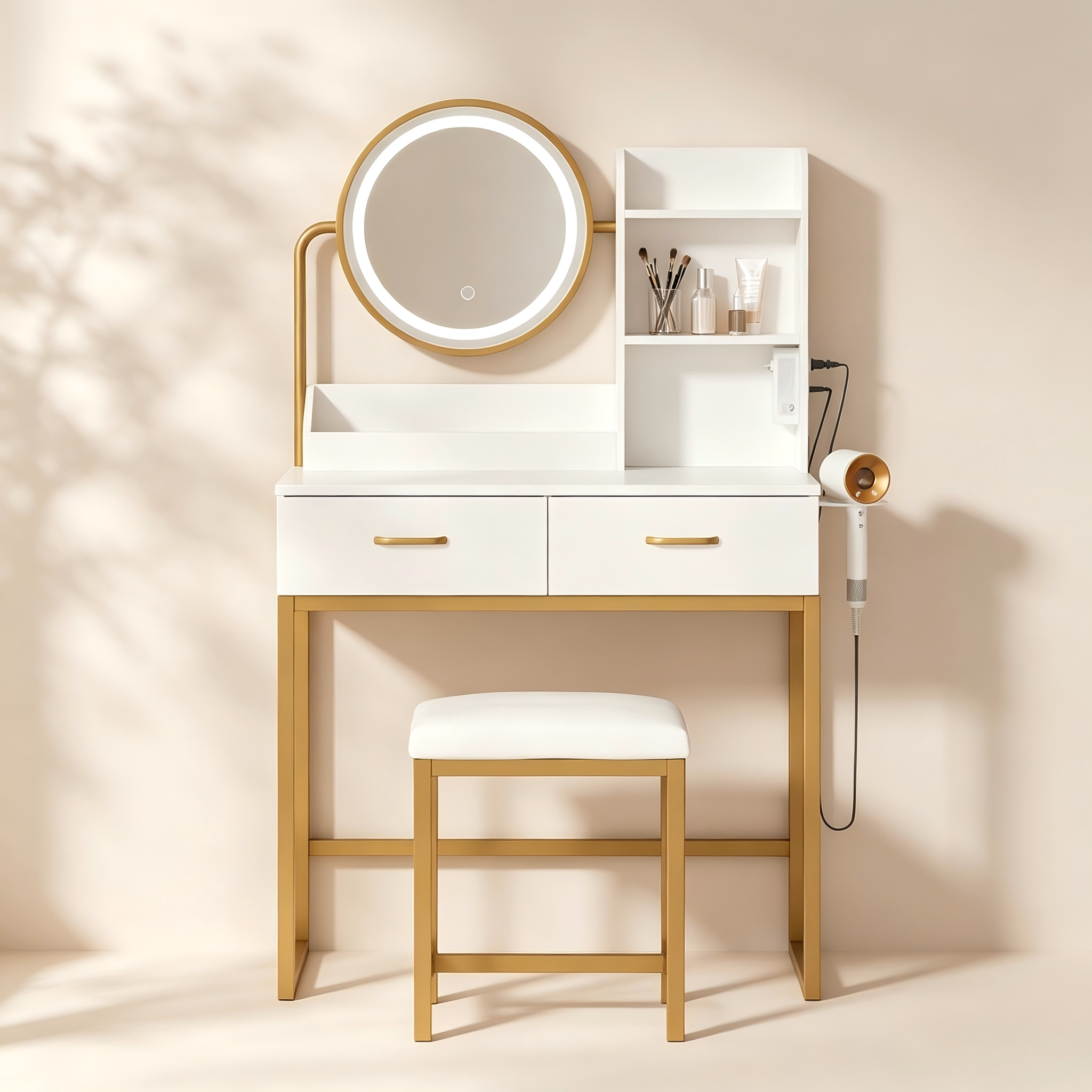 Compact makeup vanity with round adjustable LED mirror, shelves and charging station