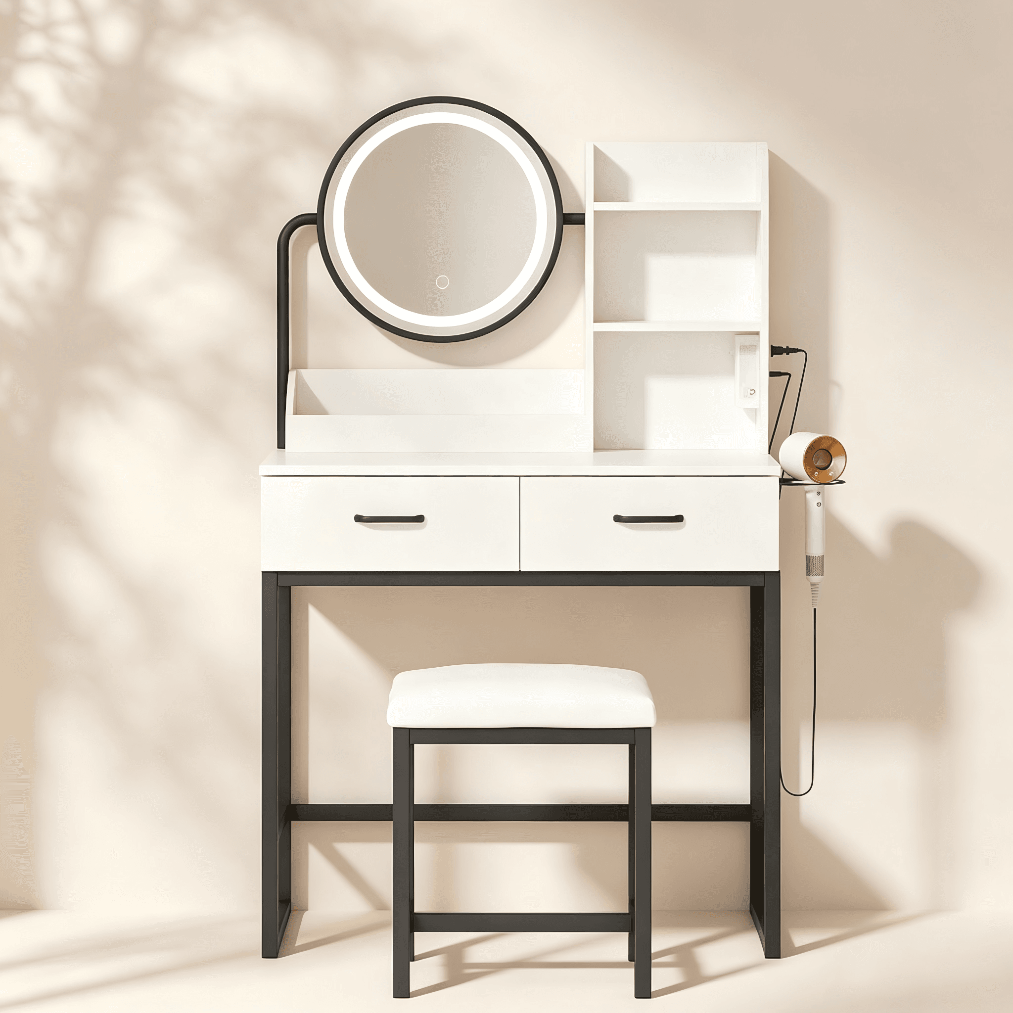 Compact Makeup Vanity with Round LED Mirror thumbnail view 2