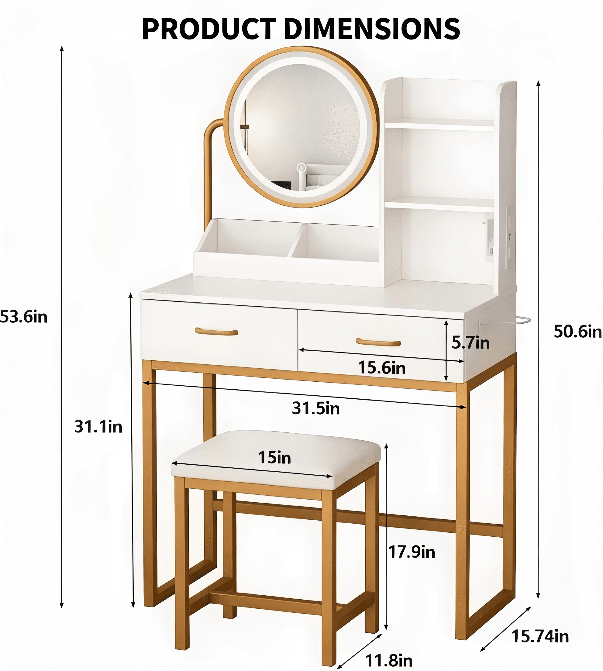 MV014 Compact Makeup Vanity with Round LED Mirror product dimensions