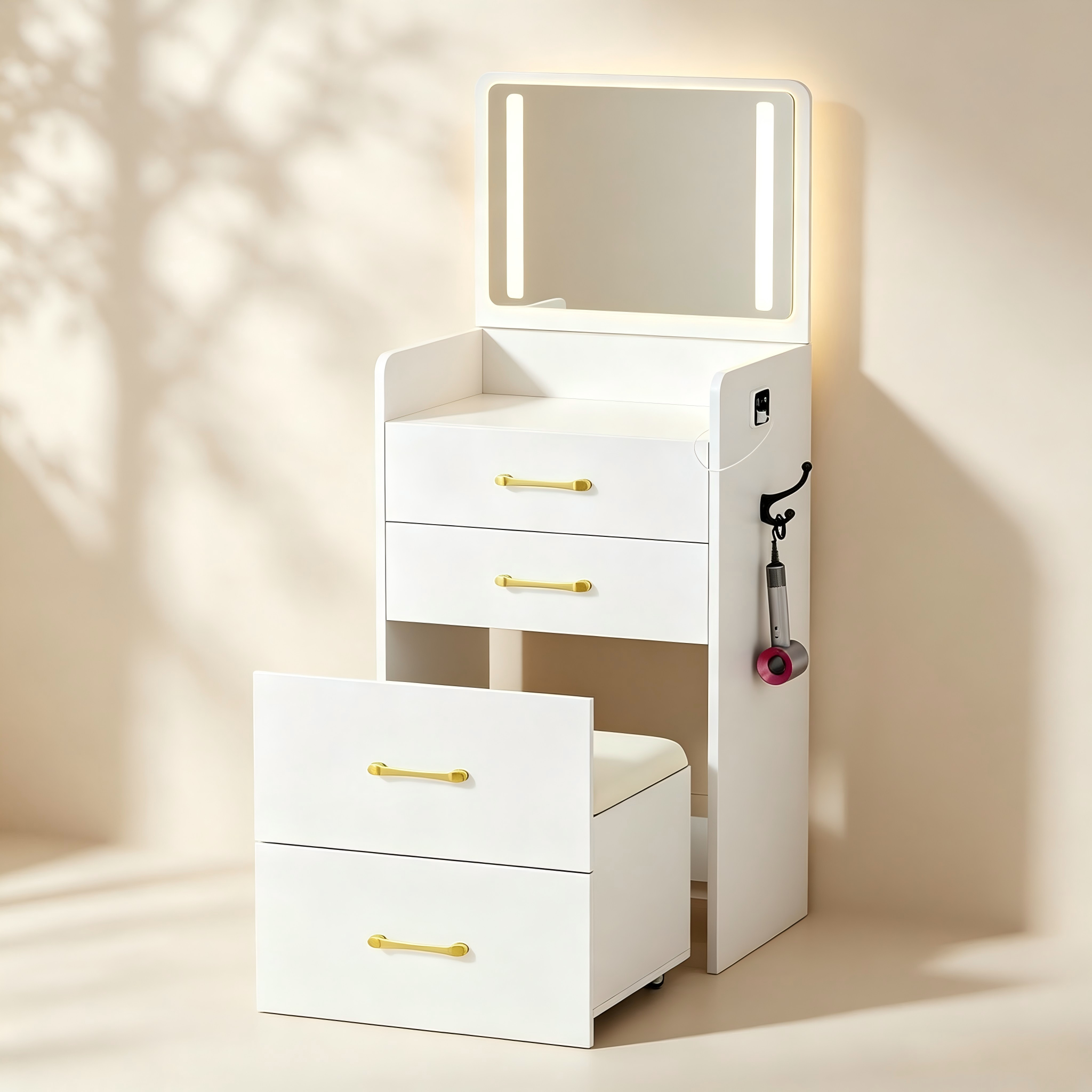Narrow makeup vanity with adjustable LED mirror, stacked drawers and built-in outlets