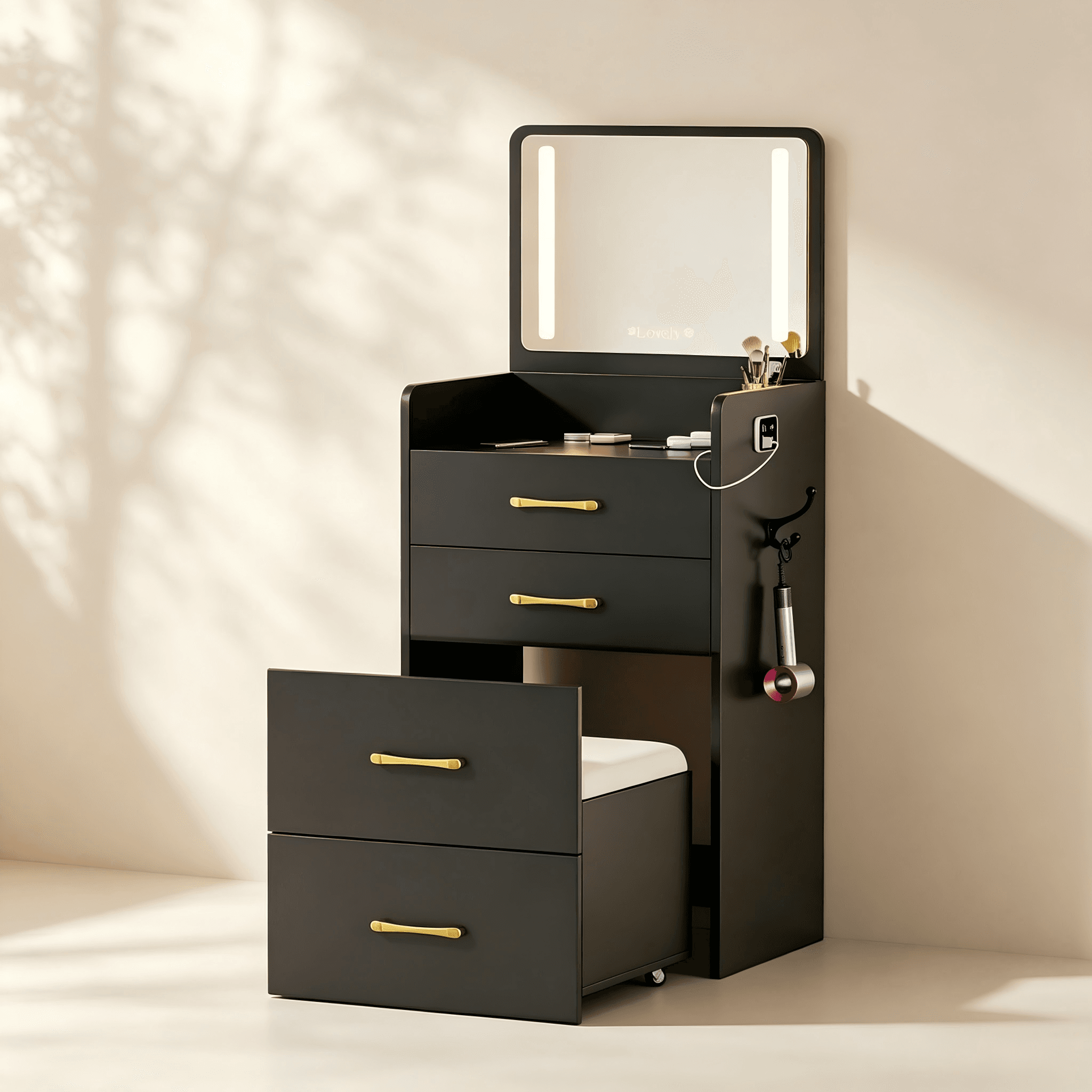Narrow Makeup Vanity with LED Mirror and Drawers thumbnail view 2