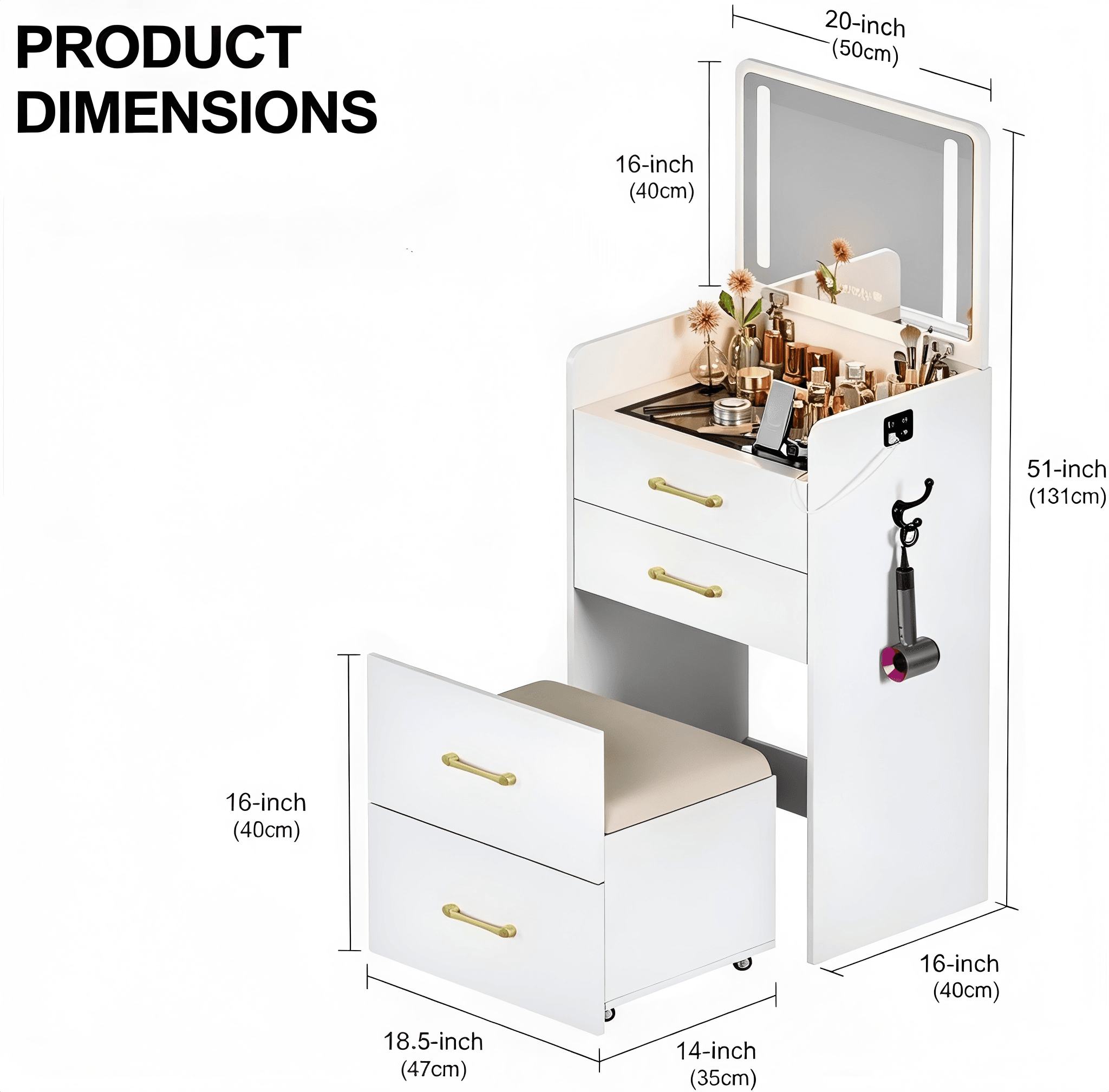 MV015 Narrow Makeup Vanity with LED Mirror and Drawers product dimensions