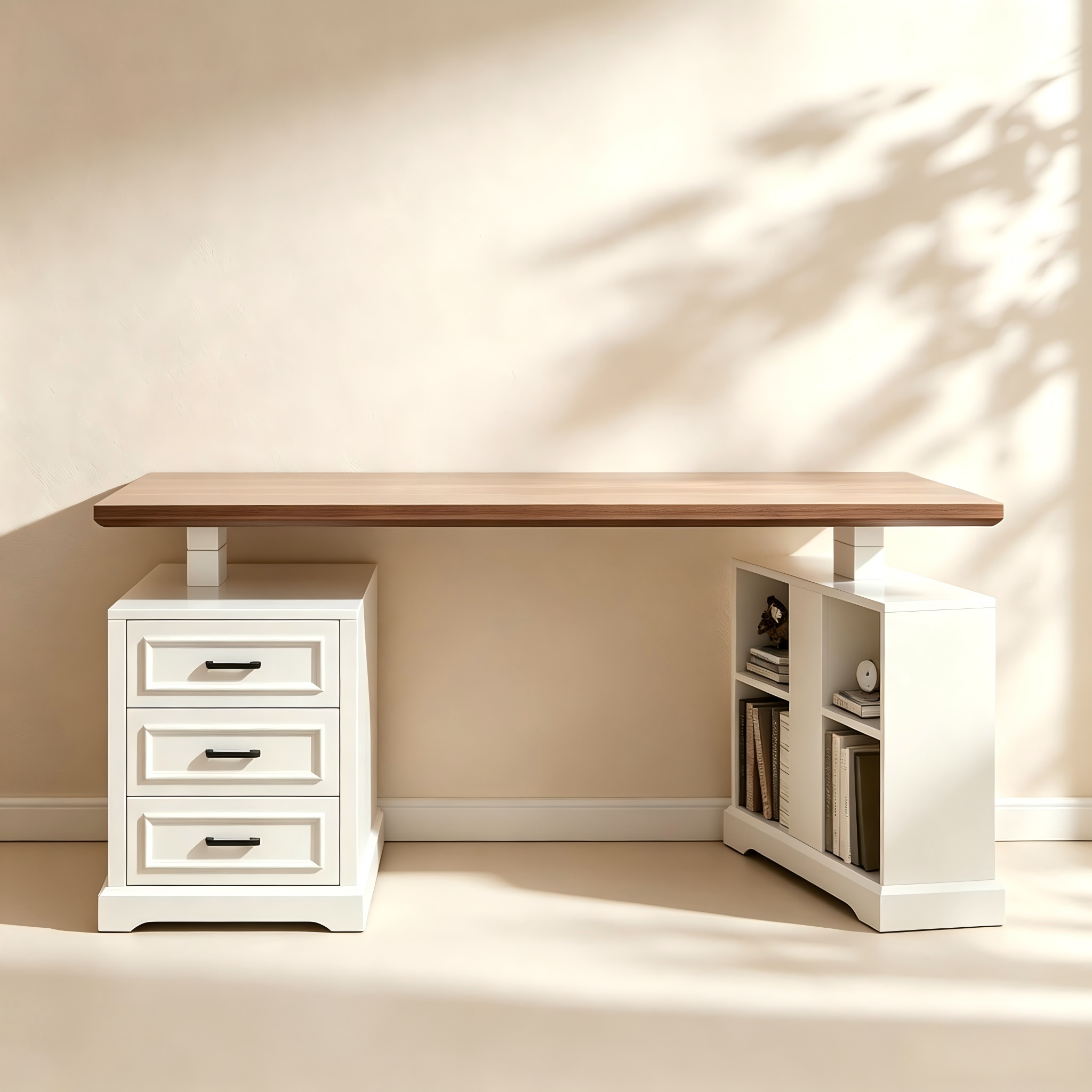 Electric height-adjustable office desk with side storage cabinet and drawers