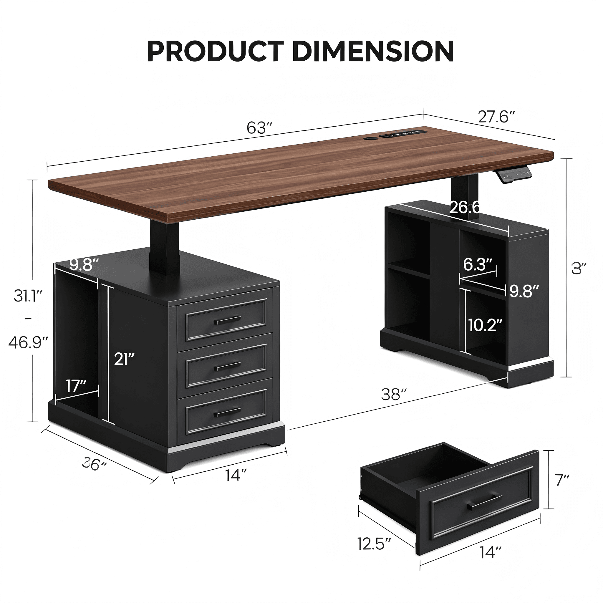 OD001 Electric Height-Adjustable Desk with Storage Cabinet product dimensions