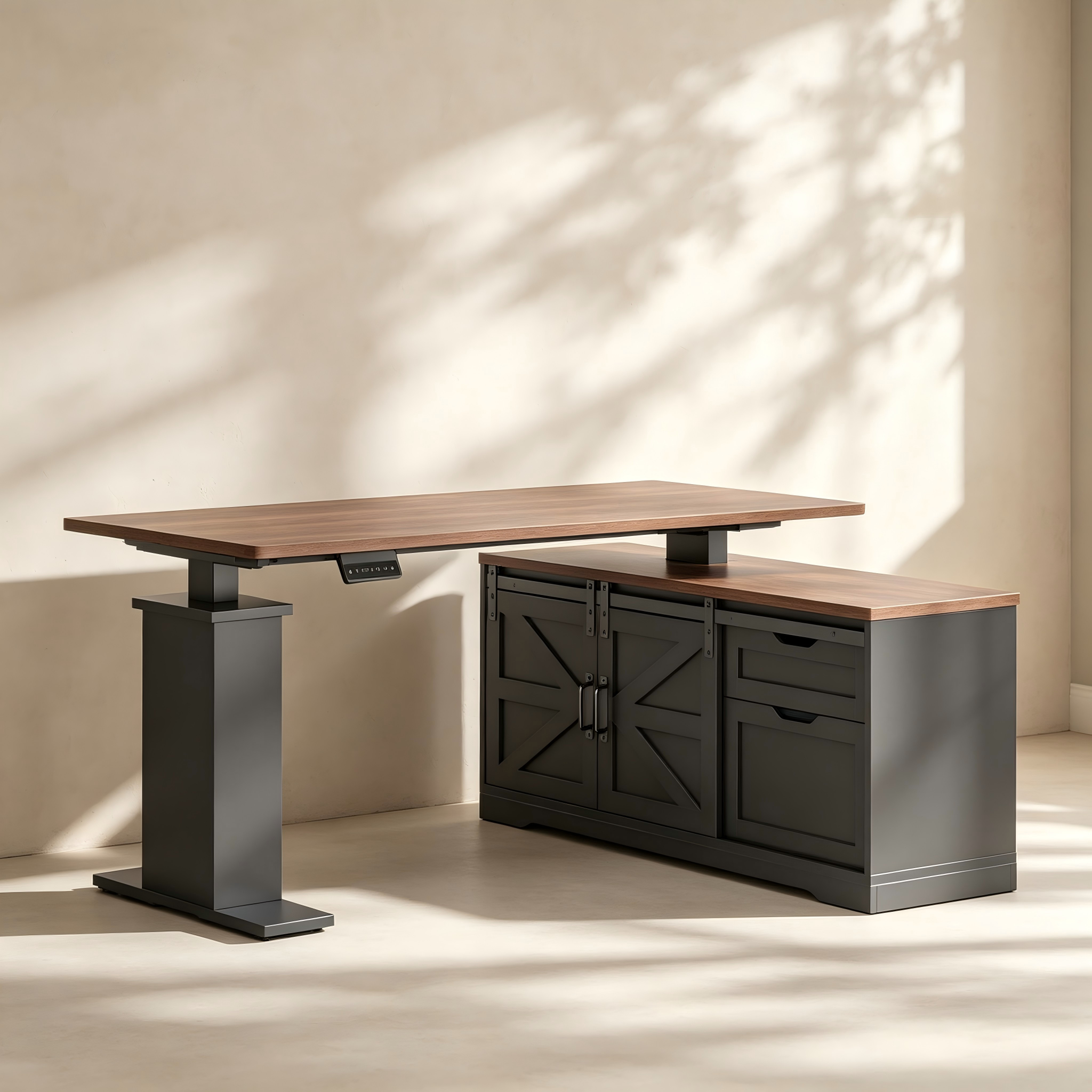 L-Shaped Electric Height-Adjustable Desk with Storage thumbnail view 2