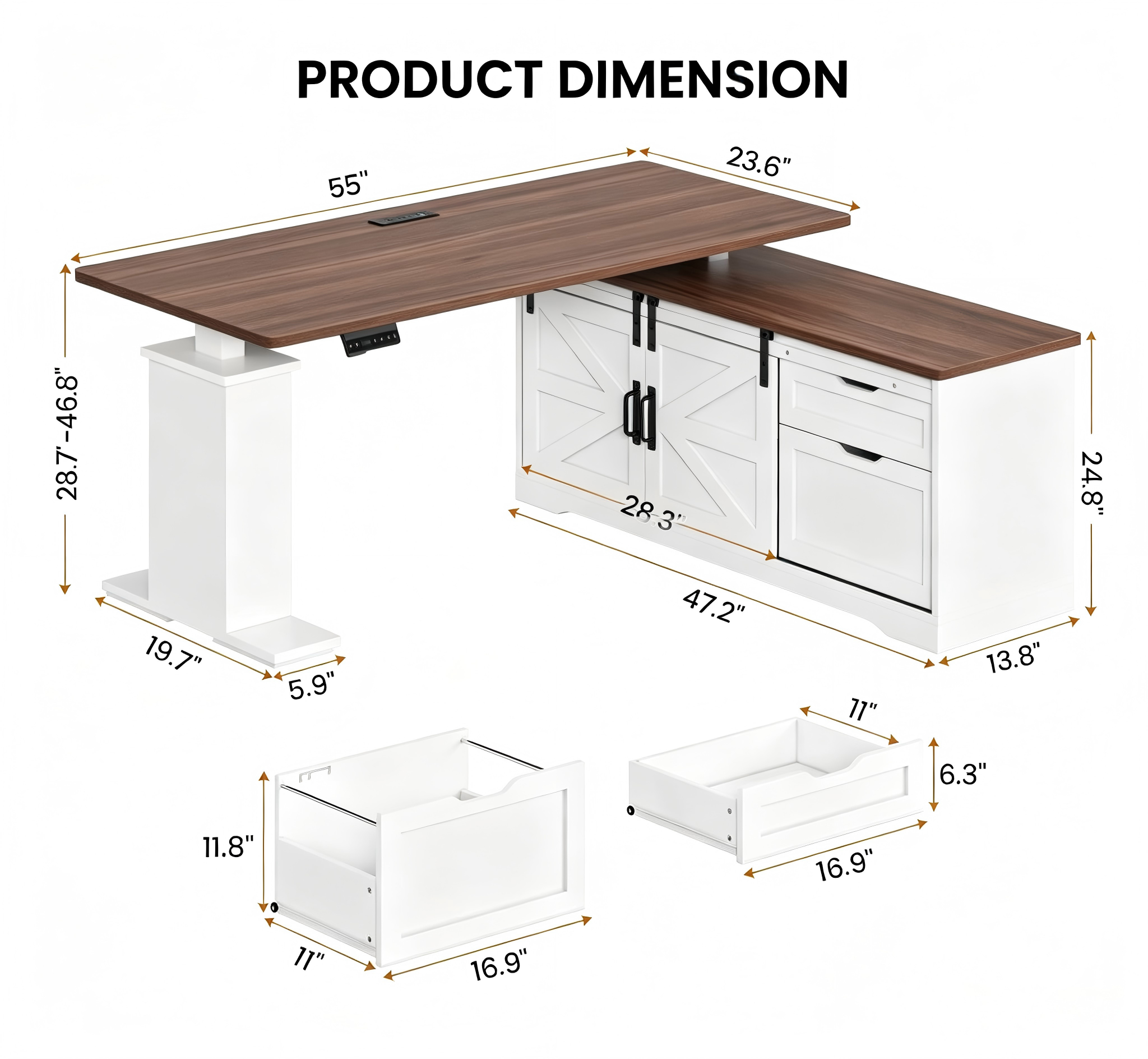 OD002 L-Shaped Electric Height-Adjustable Desk with Storage product dimensions