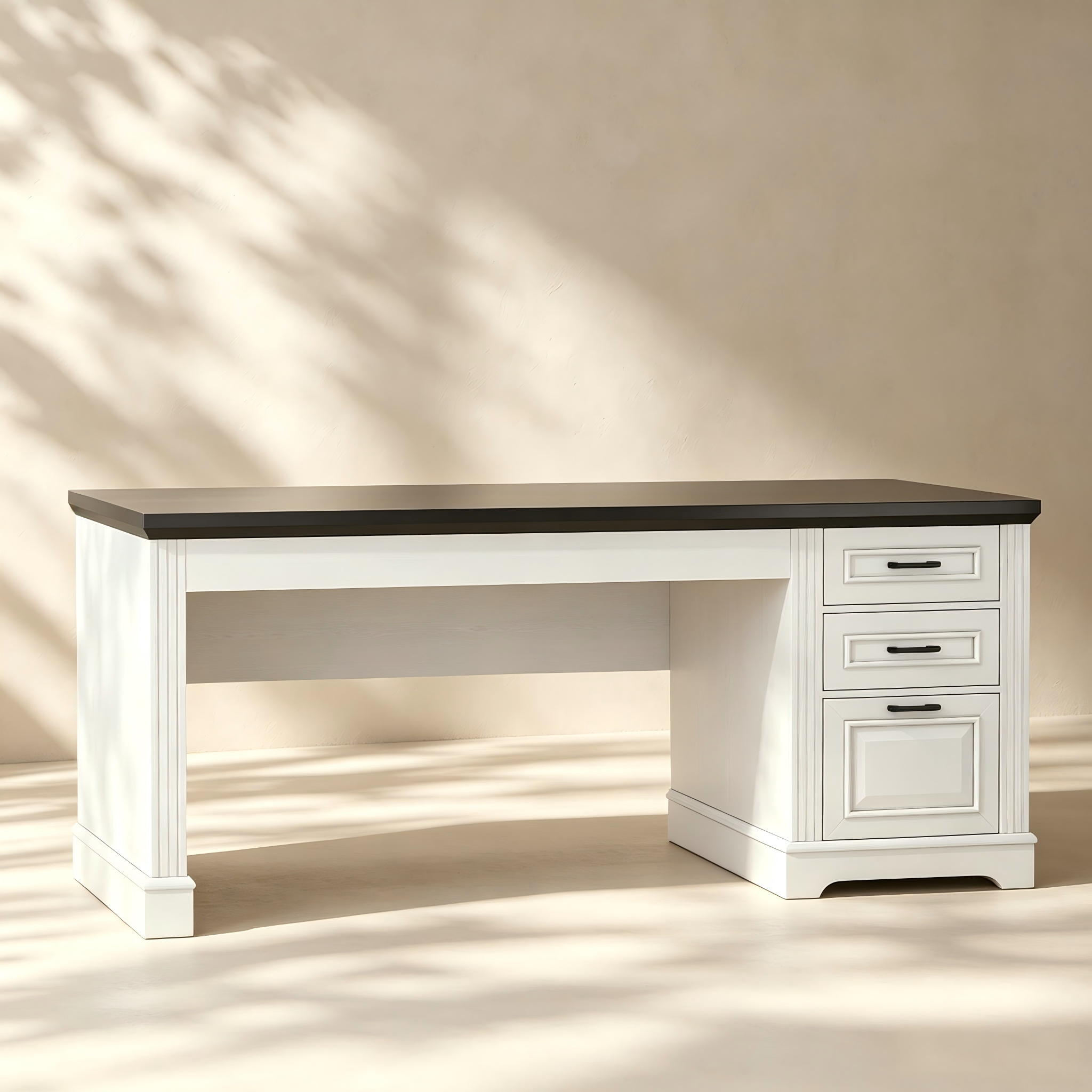 Executive office desk with pedestal file drawers and open work area