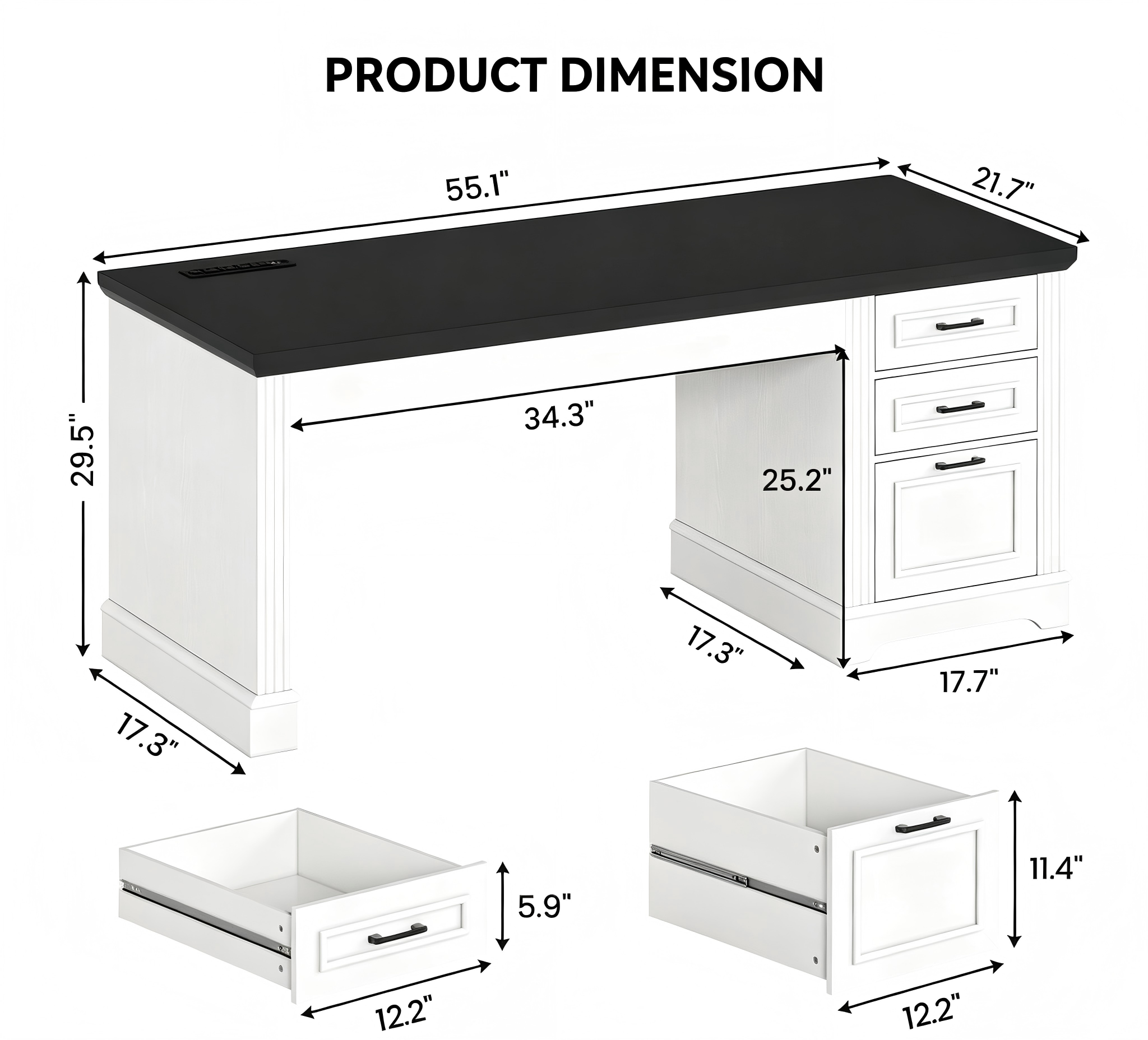 OD003 Executive Office Desk with File Drawers product dimensions