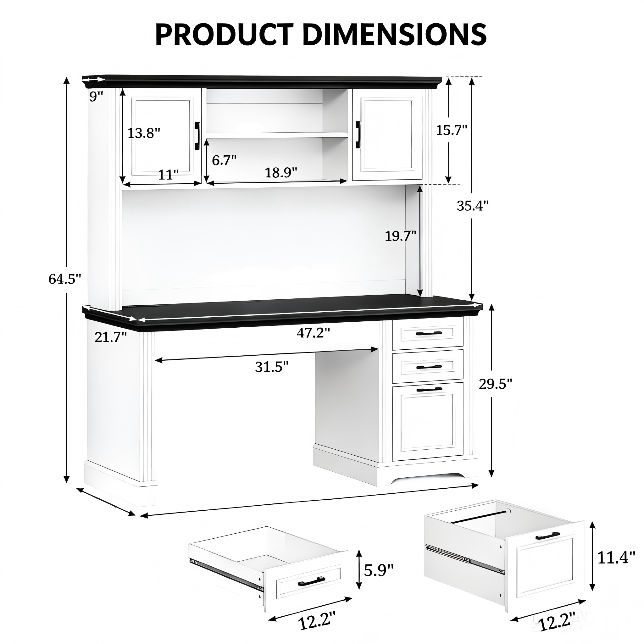 OD005 Office Desk with Hutch and Storage product dimensions