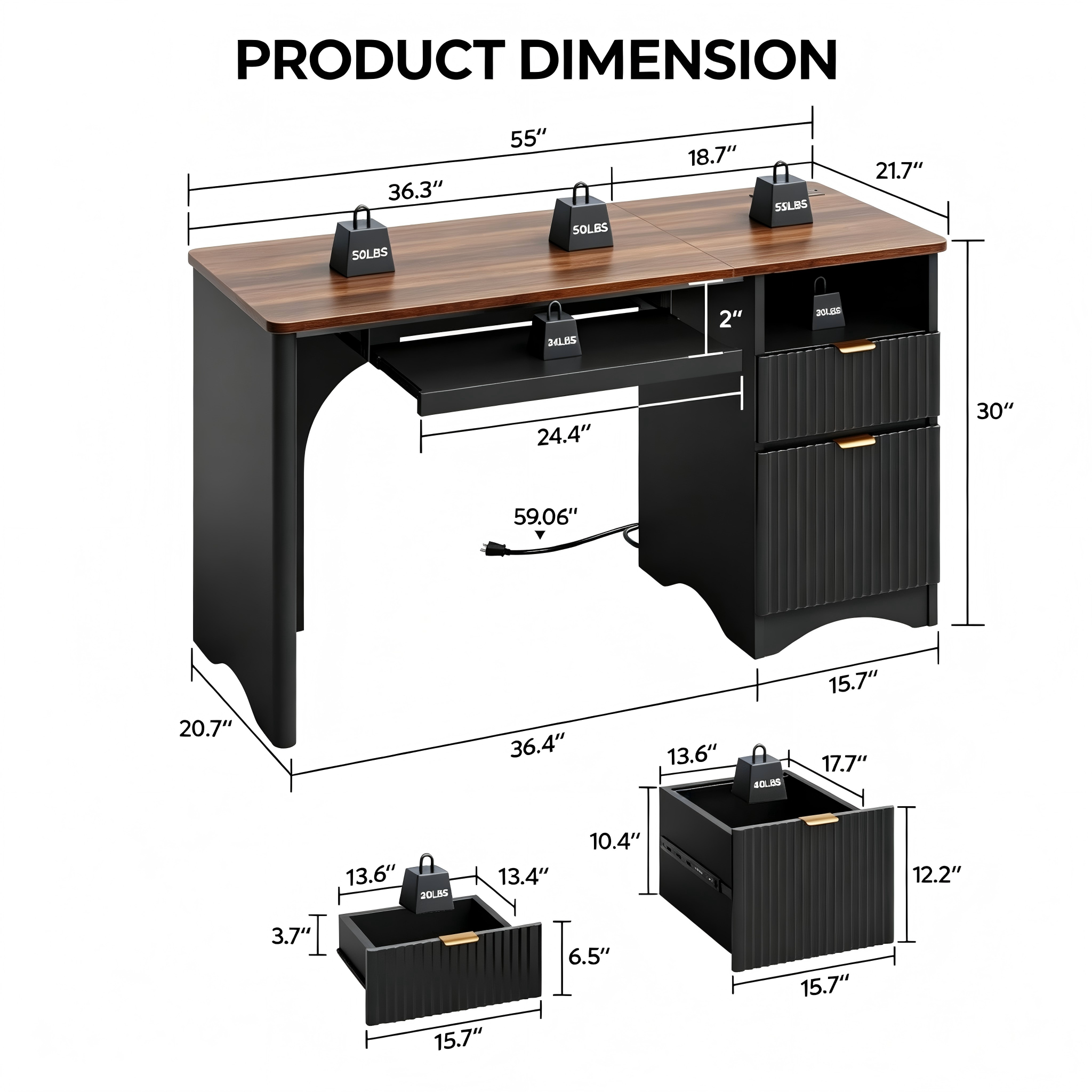OD006 Fluted Office Desk with Storage Cabinet product dimensions