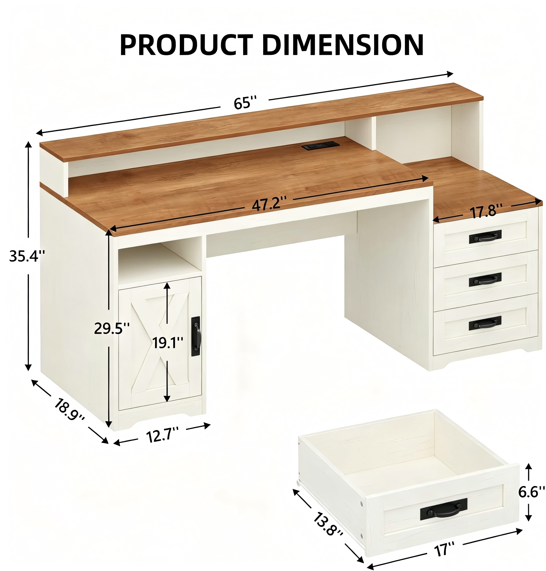 OD009 Farmhouse Office Desk with Hutch and Drawers product dimensions